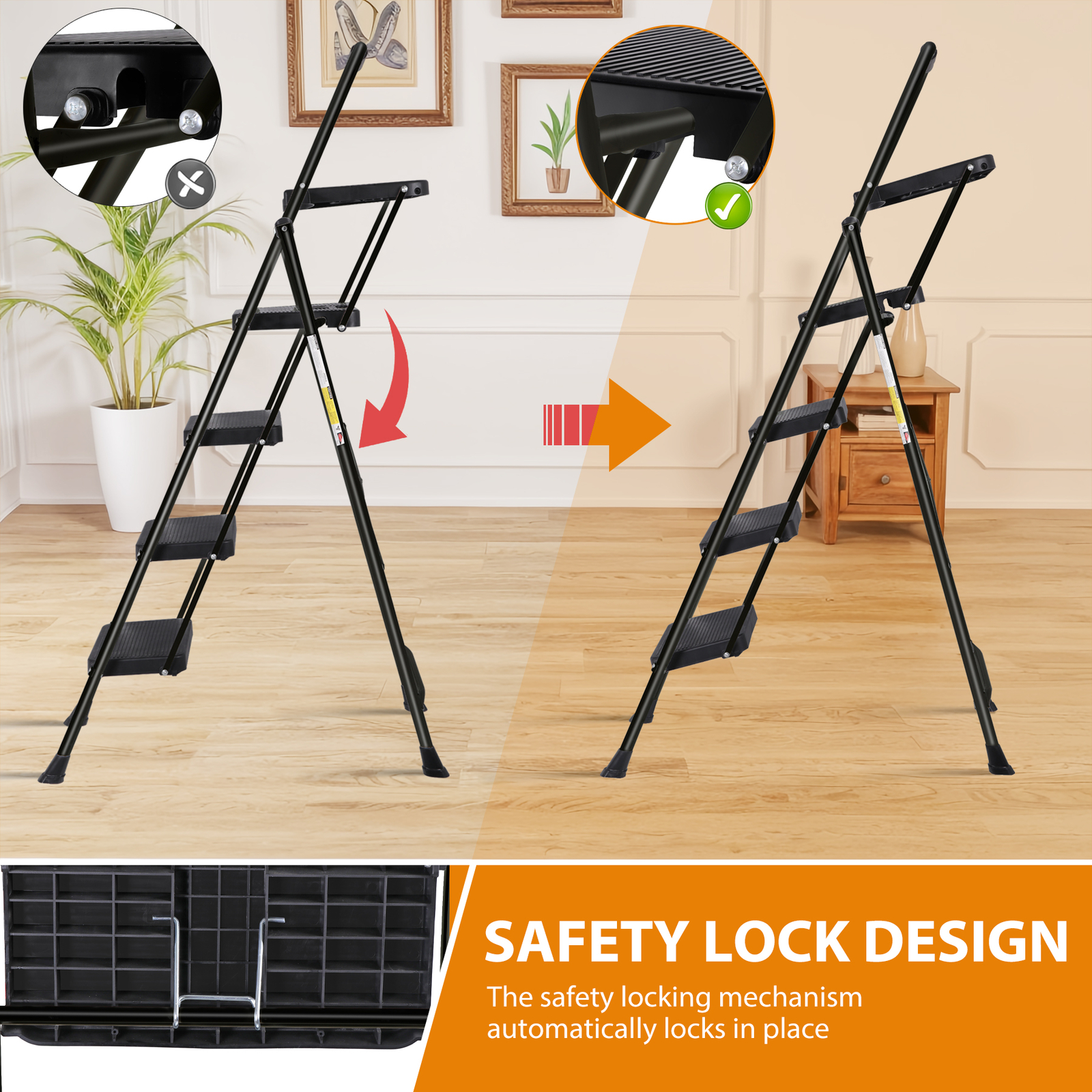 Folding Step Ladders for Kitchen/Closet Ladder 4 Step for Adults Non-Slip Black