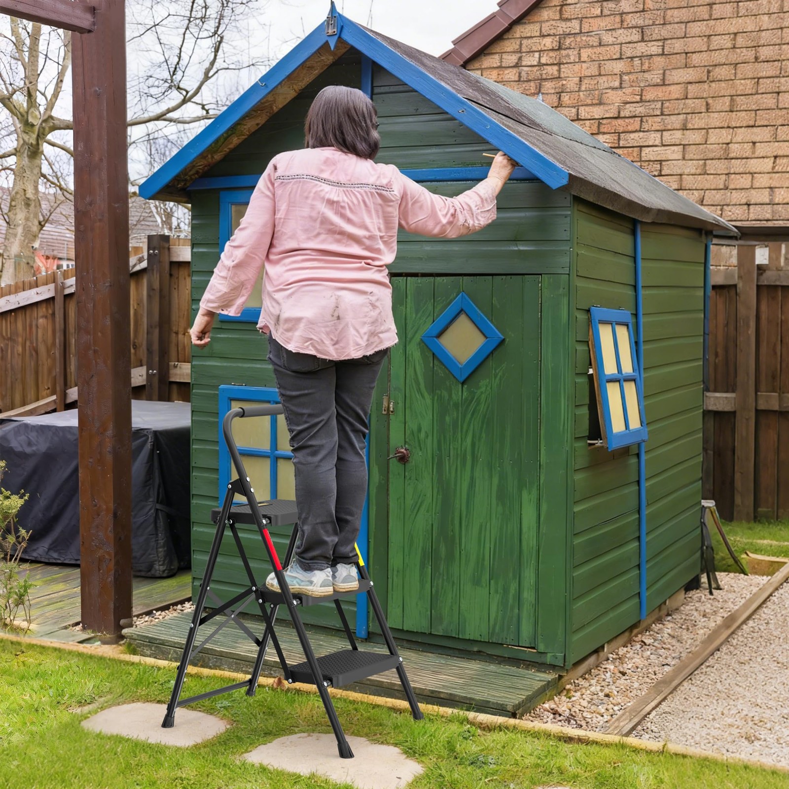 BONTEC 3-Step Ladder, Folding Step Stool, 3-Step, 600lbs Max Load, Black