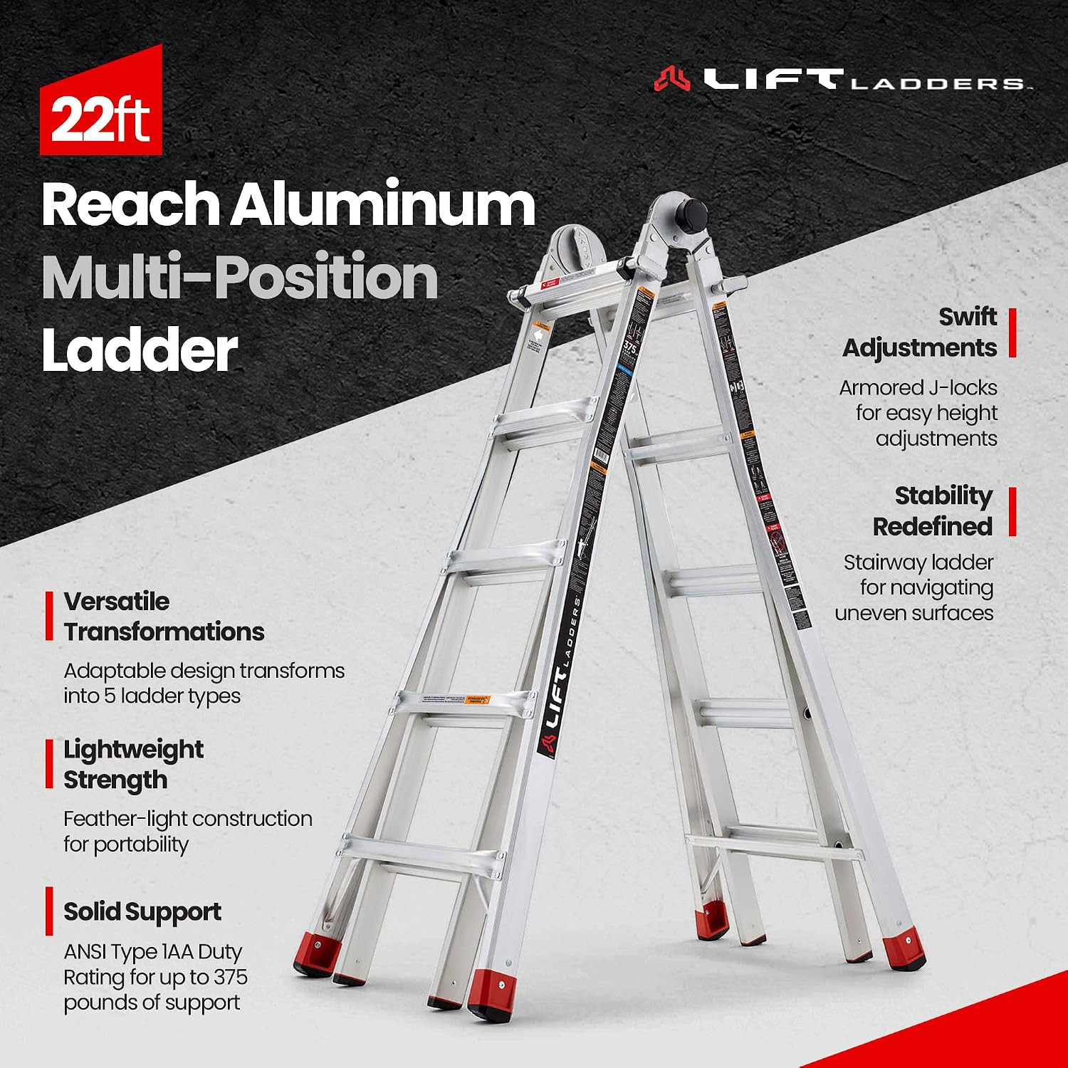 22 Foot Reach Adjustable in Multi Position Lightweight Aluminum Step Ladder wi