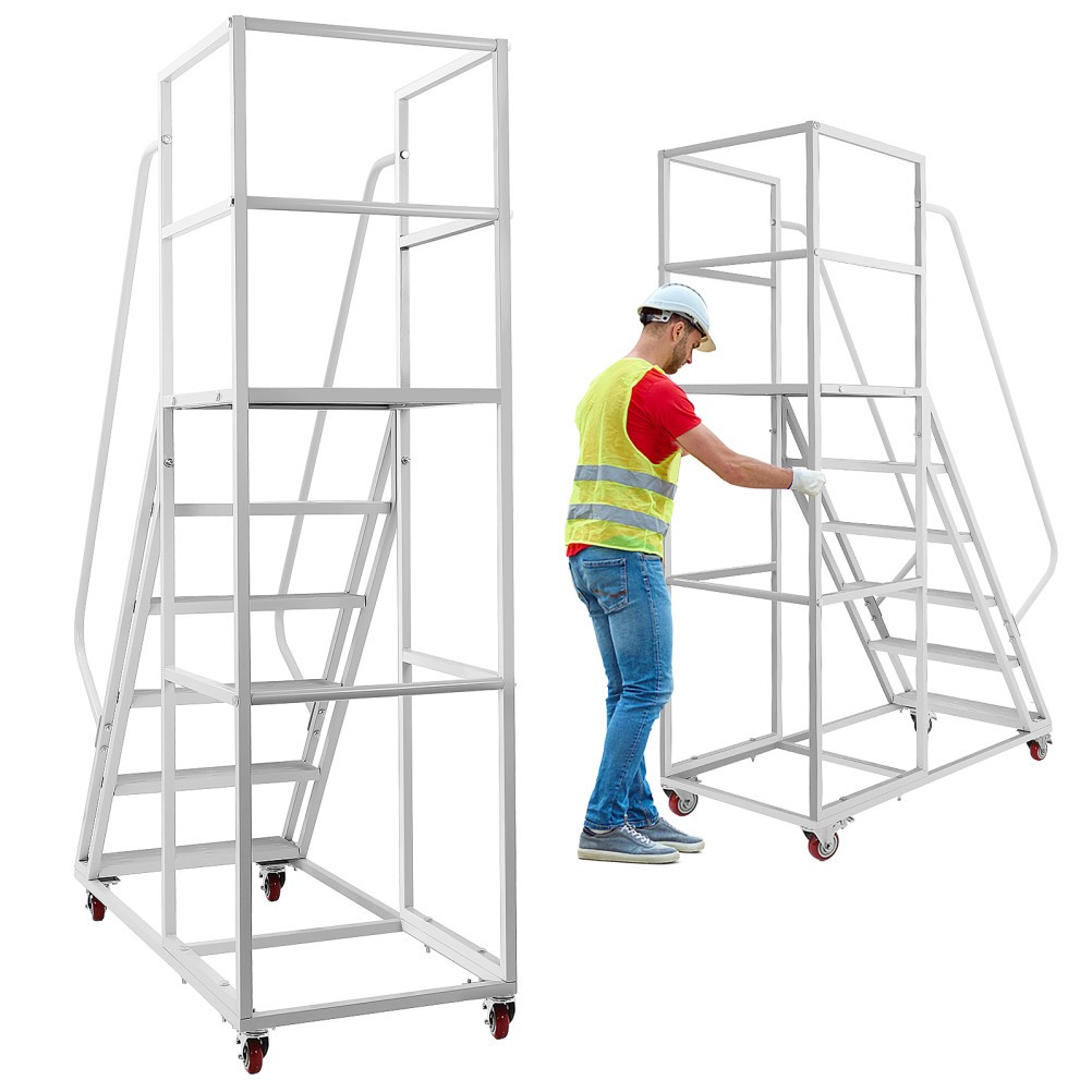 6 Step Rolling Ladder for Industrial & Warehouse w/ Handrails & 4 Lockable Wheel