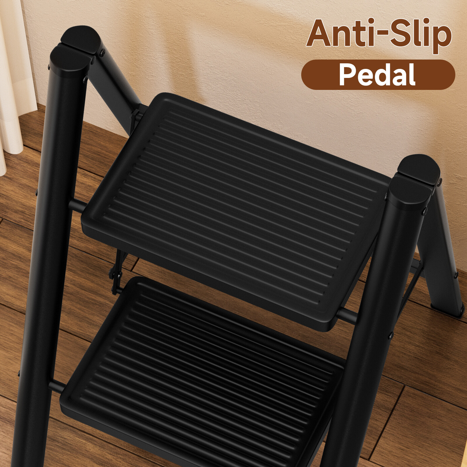 Stepladder, 2 Tiers, Foldable, Aluminum, Wide, Lightweight, Compact, Ladder L3