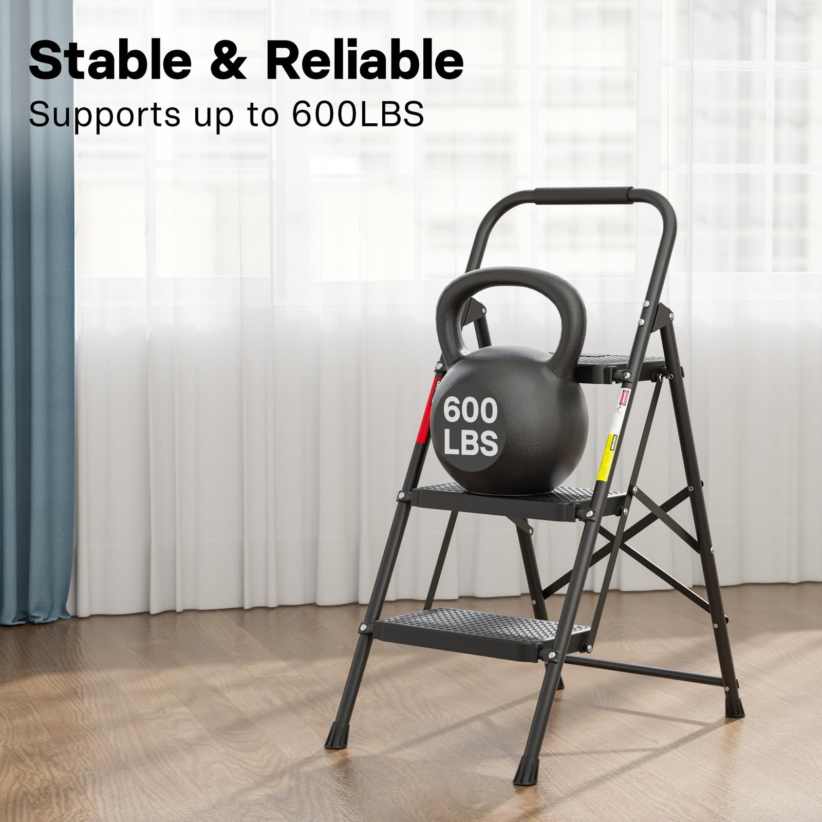 BONTEC 3-Step Ladder, Folding Step Stool, 3-Step, 600lbs Max Load, Black