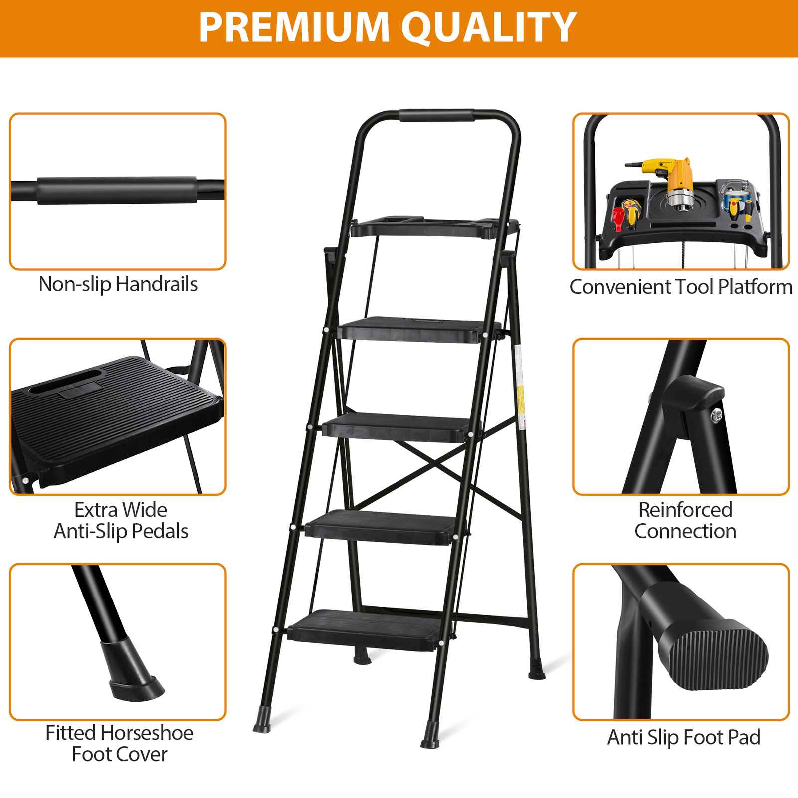 Folding Step Ladders for Kitchen/Closet Ladder 4 Step for Adults Non-Slip Black