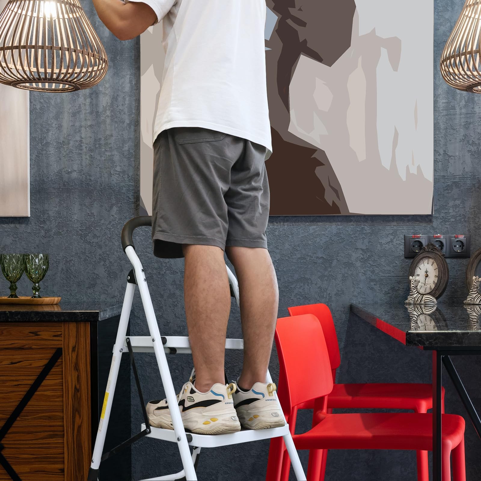 Big RED 2 Step Ladder: Ergonomic Folding Stool with 2 Step, White/Black