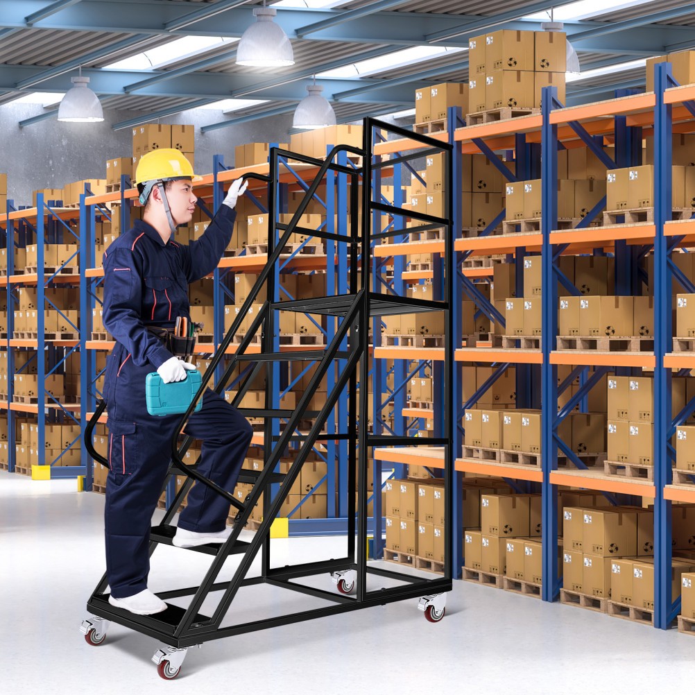 6-Step Rolling Large Platform Ladder with Lockable Wheels Non-Slip Wide Steps