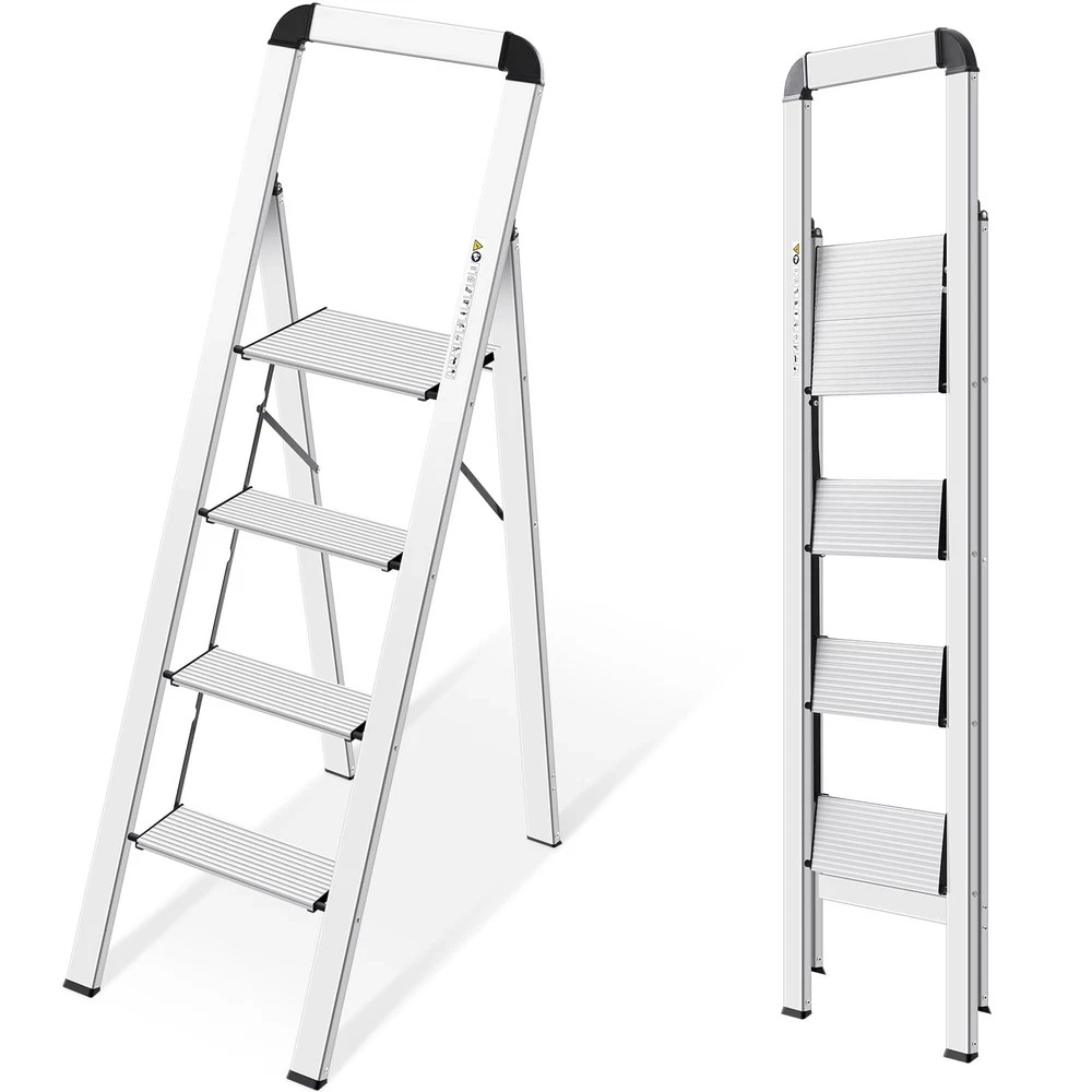 Aluminium 4 Step Ladder, Lightweight Step Stool with Non-Slip Pedals, H