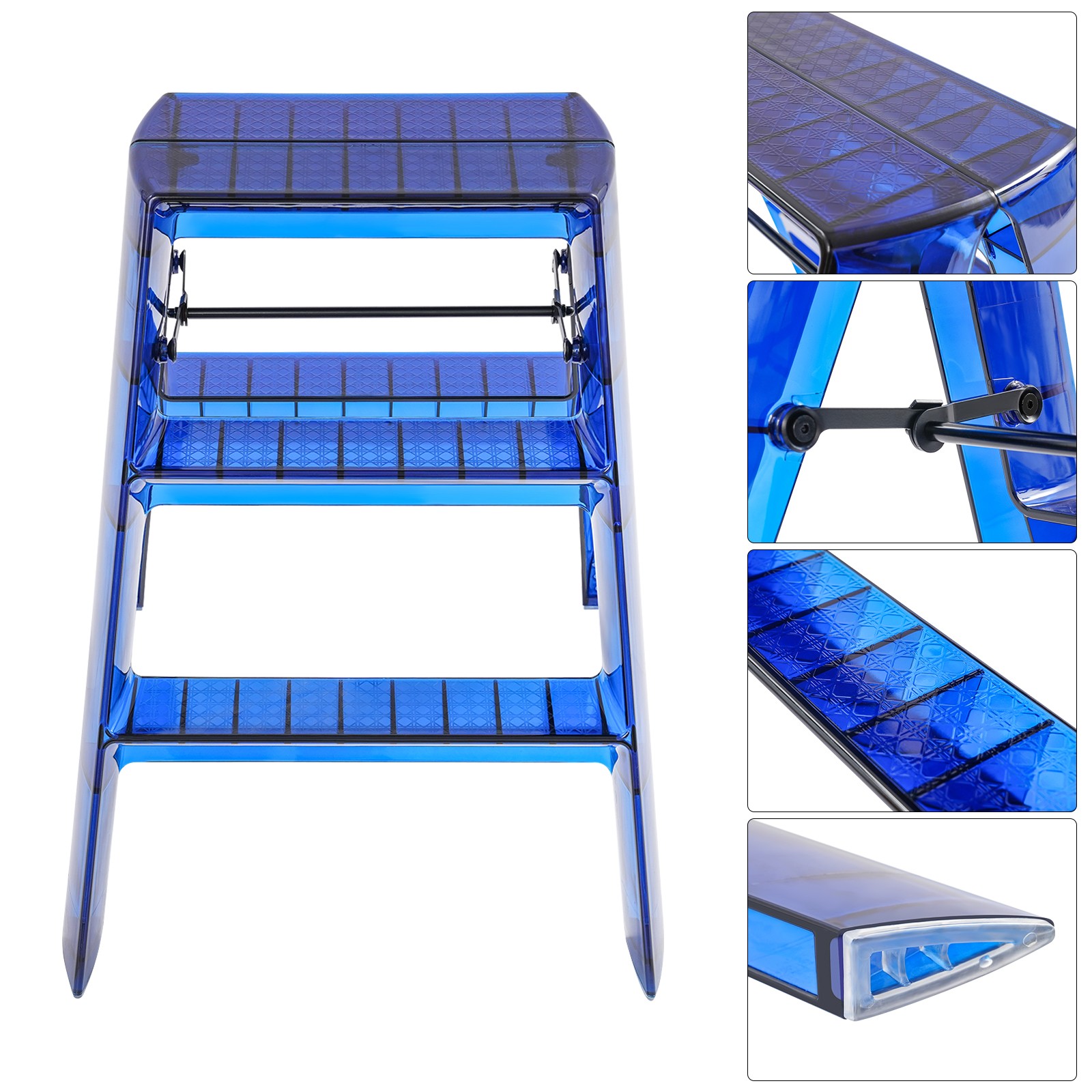 3-Step Folding Ladder Blue Household Portable Stepladder 330lbs Capacity Compact