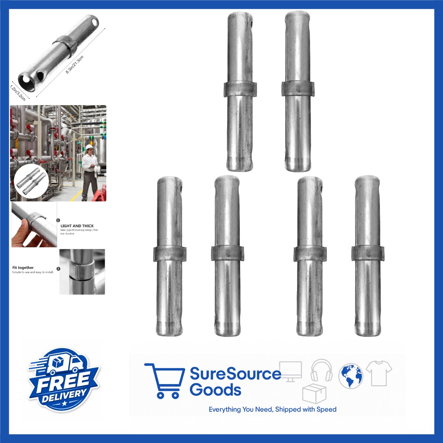 6 Pcs Scaffolding Coupling Pins 1.39 Inches Galvanized Steel Retainers