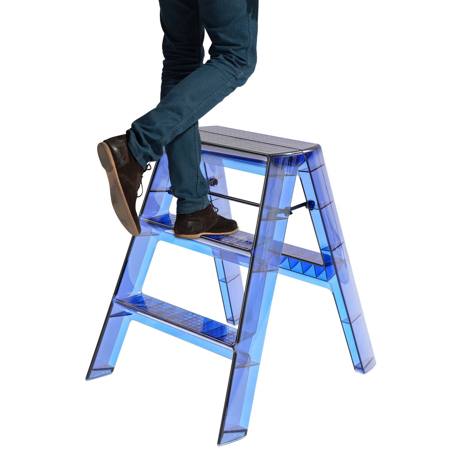 3-Step Folding Ladder Blue Household Portable Stepladder 330lbs Capacity Compact