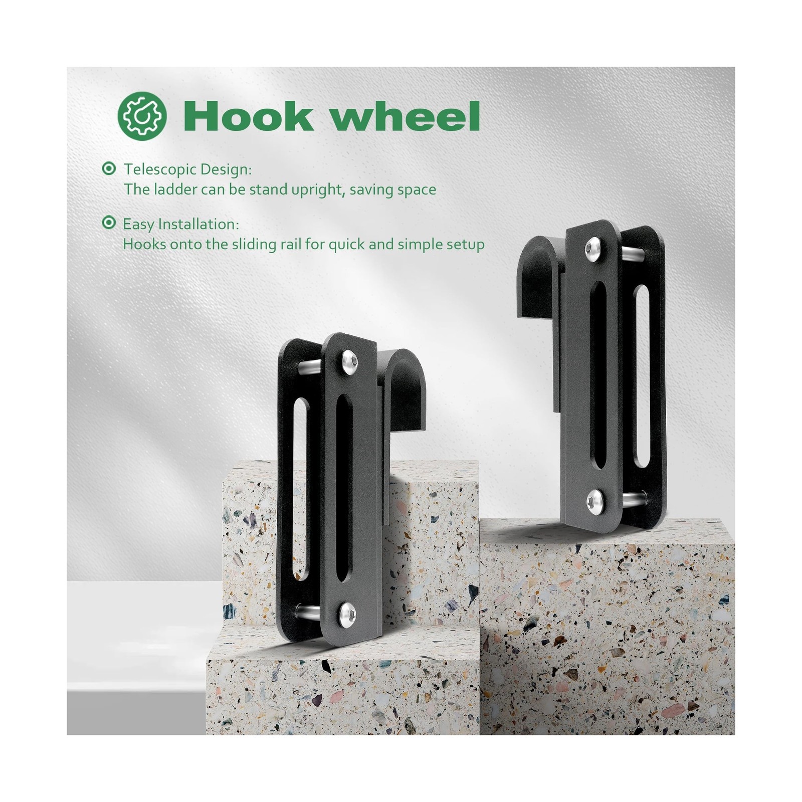 8FT Telescopic Hook on Sliding Library Ladder Hardware,Includes Bottom Wheel …