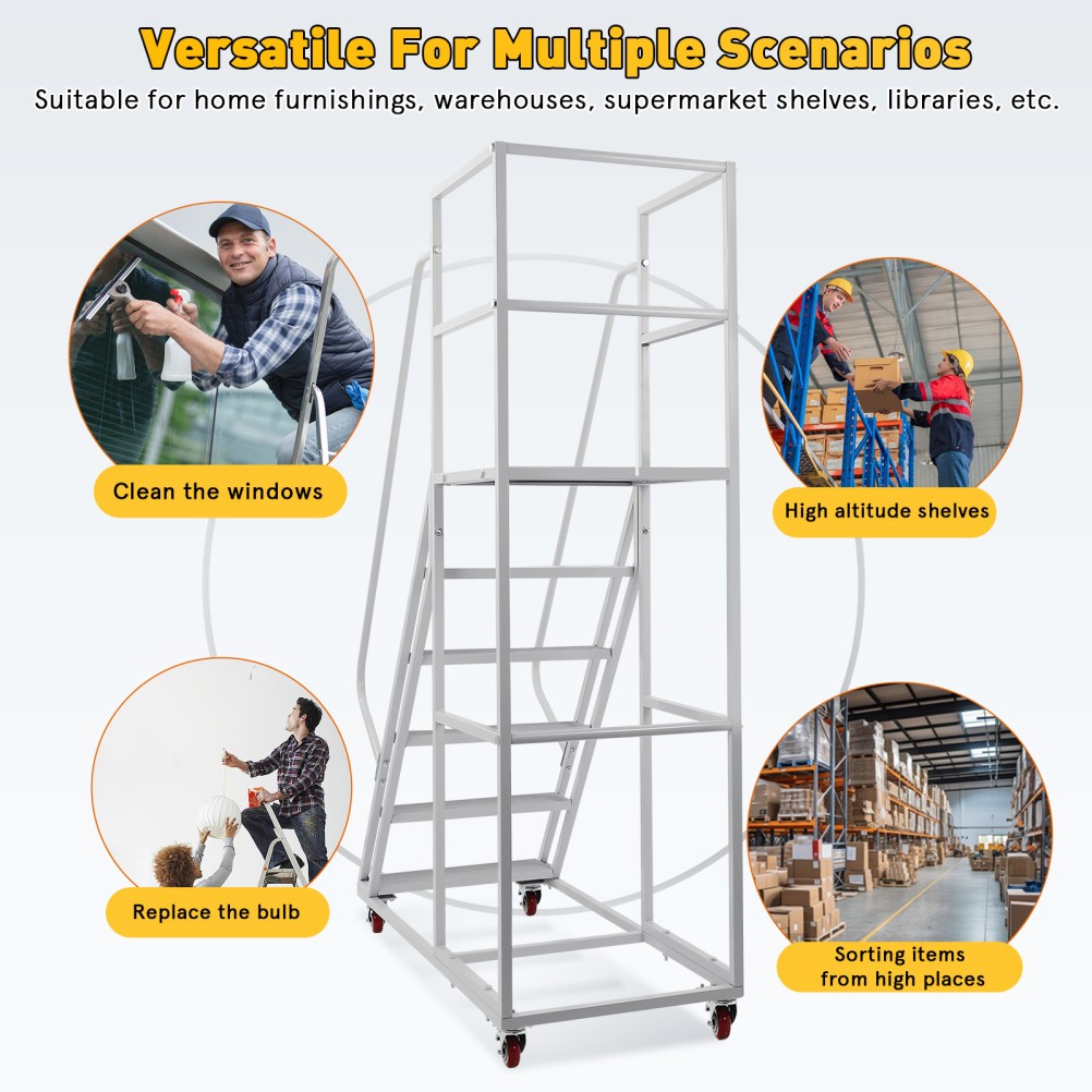 6 Step Rolling Ladder w/Wheel 1200LB Non-Slip Tread Industrial Rolling Staircase