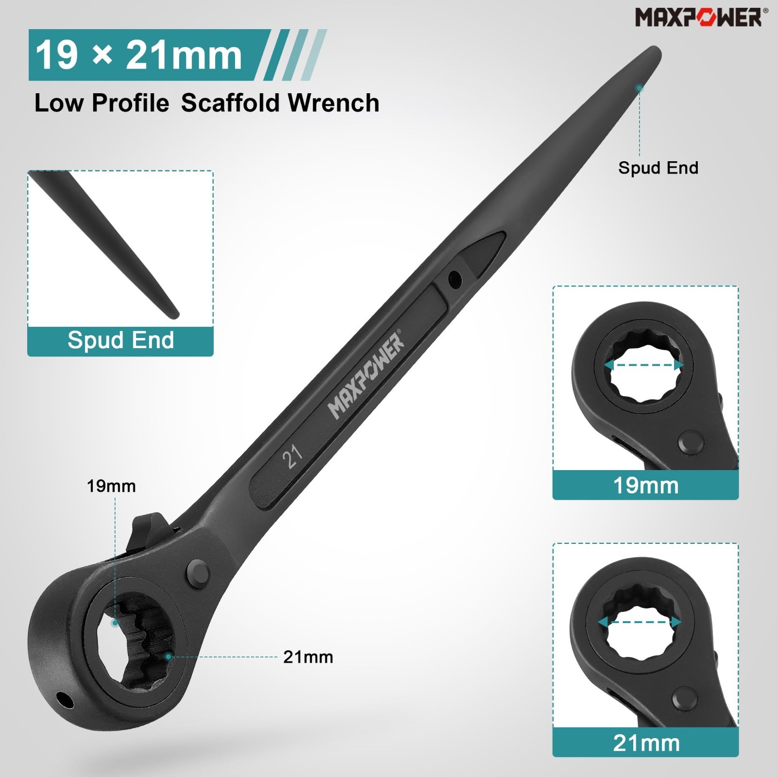 2PCS Low Profile Scaffold Wrench Set 7/8″ x 3/4″, 19x21mm, Dual Socket Cr-V Stee