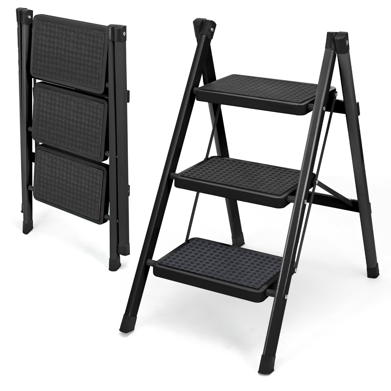 3 Step Ladder, Folding Stool for Adults, 3 – Black – Standard
