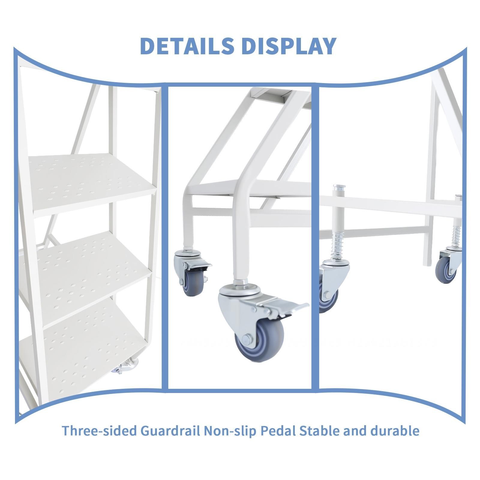 4 Step Rolling Ladder with 4 Lockable Wheels & Handrails for Warehouse Library