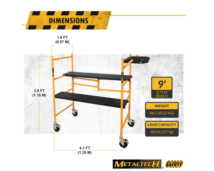 MetalTech Jobsite Series Baker Mini Scaffold Platform with Wheels Tool Shelf