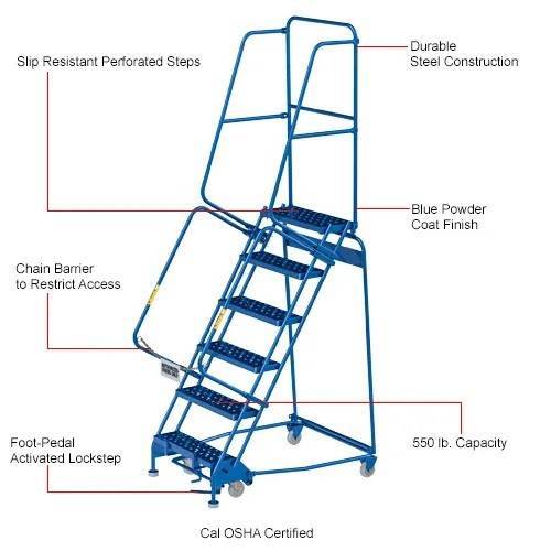 NEW 6 Step Steel Rolling Ladder, 24″W Perforated Step, Cal/OSHA Handrail!!