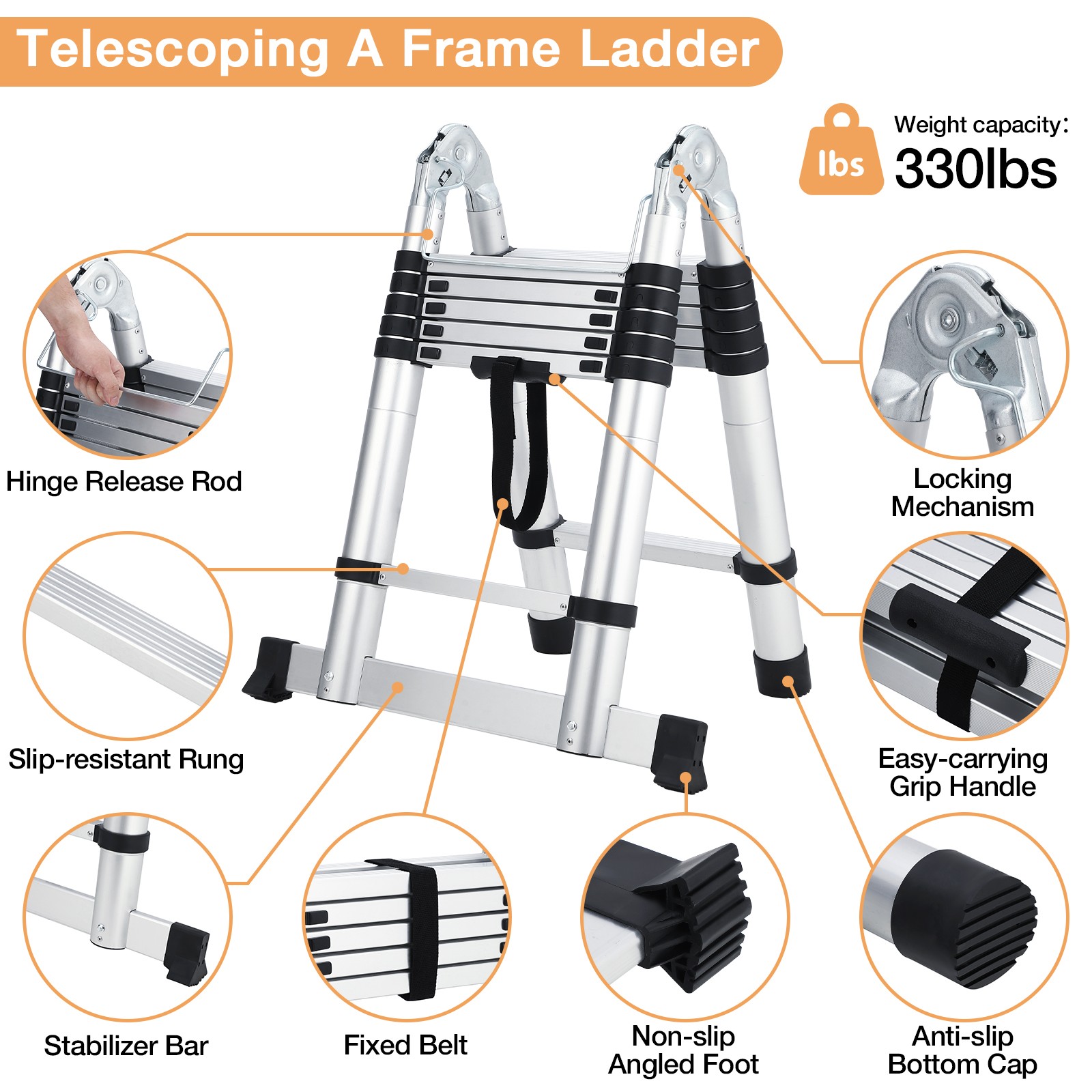 Garvee 14.5FT Extension Ladder Telescopic Aluminum Foldable for Home RV Attic