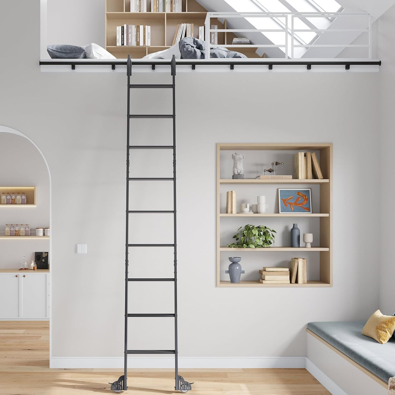 120″ Rolling Library Step Ladder with 12FT Track & 7 Convenient Steps