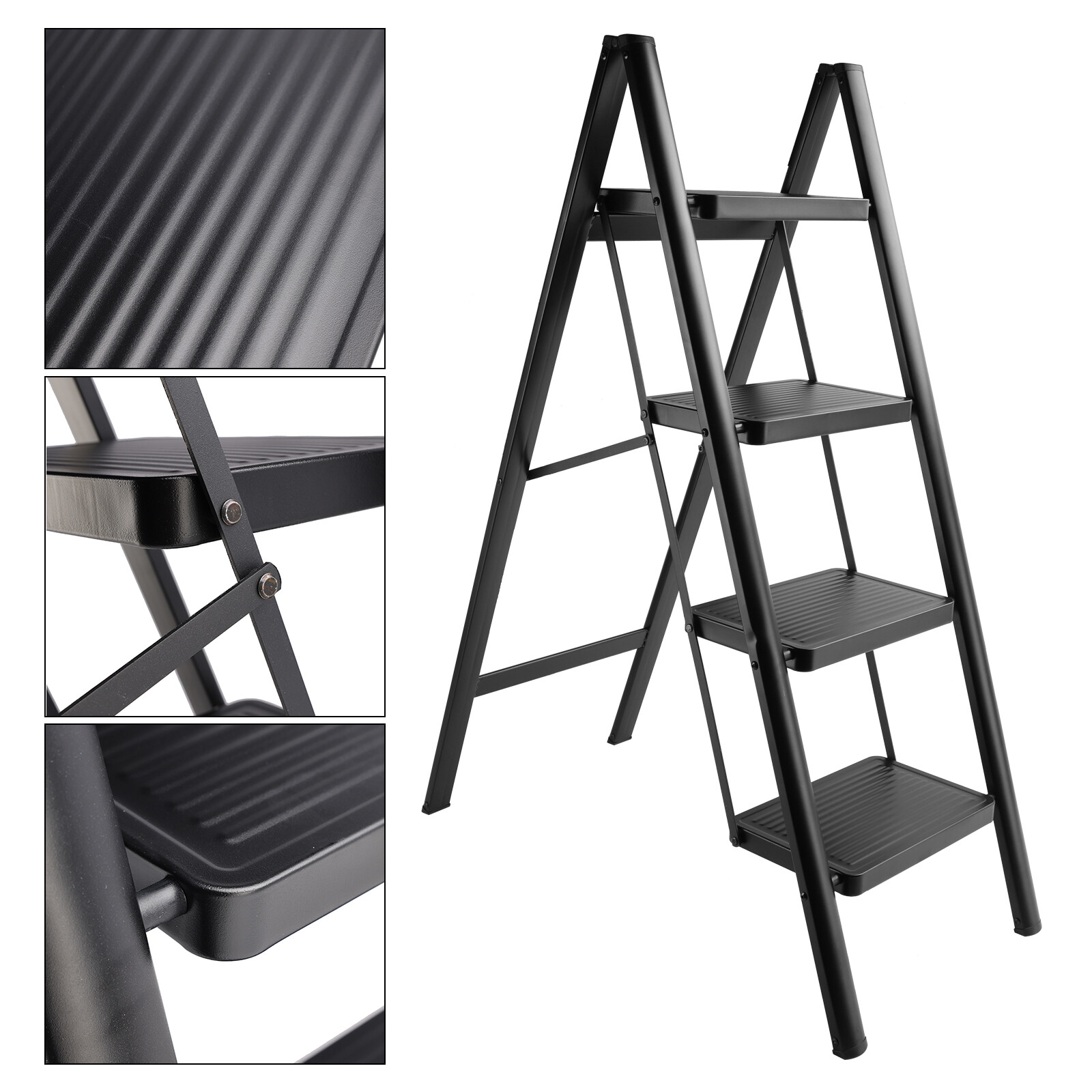 Stepladder, 4 Tiers, Foldable, Aluminum, Wide, Lightweight, Compact, Ladder E0
