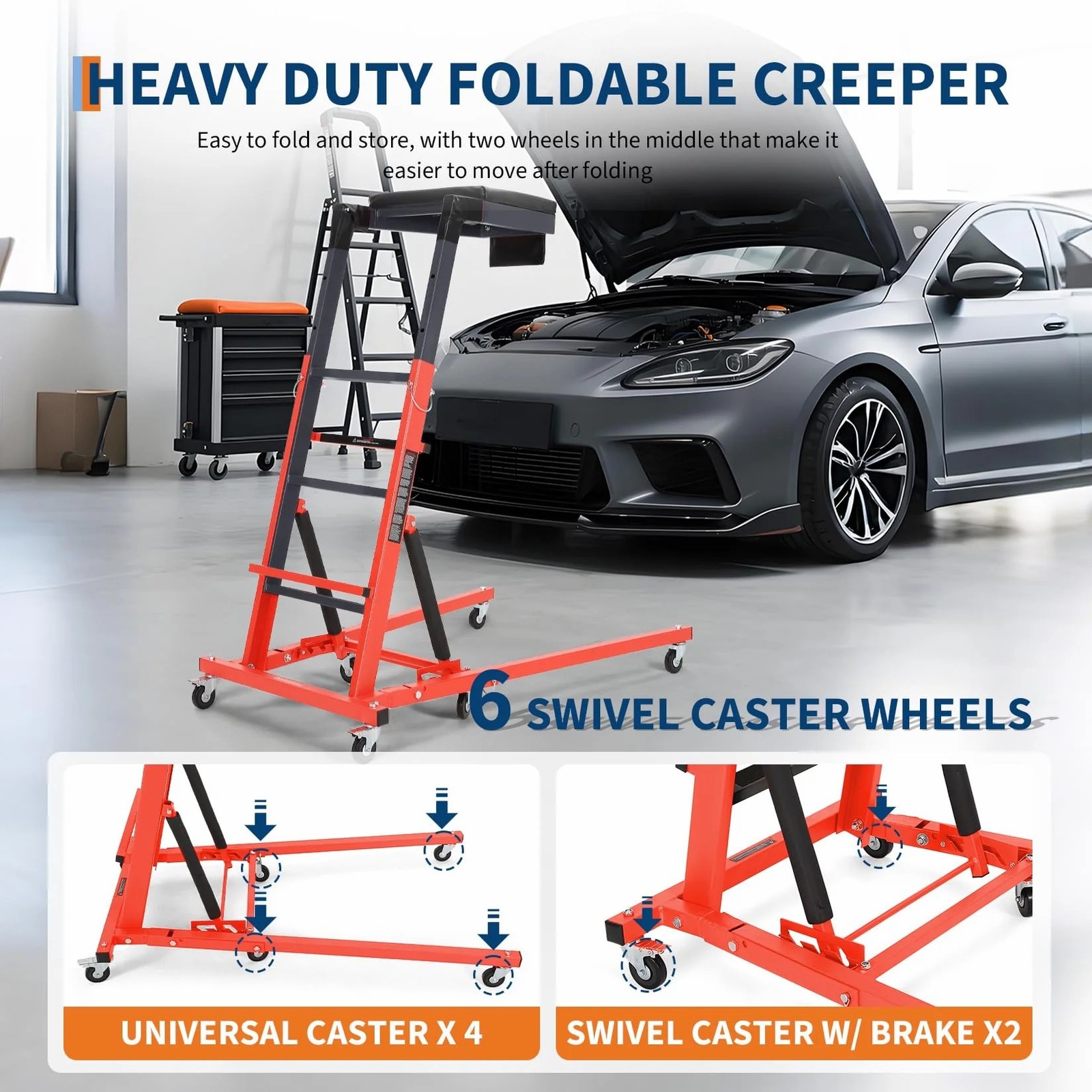 Top Automotive Creeper 400LB Foldable 6Casters For Garage Auto Repair Heavy Duty