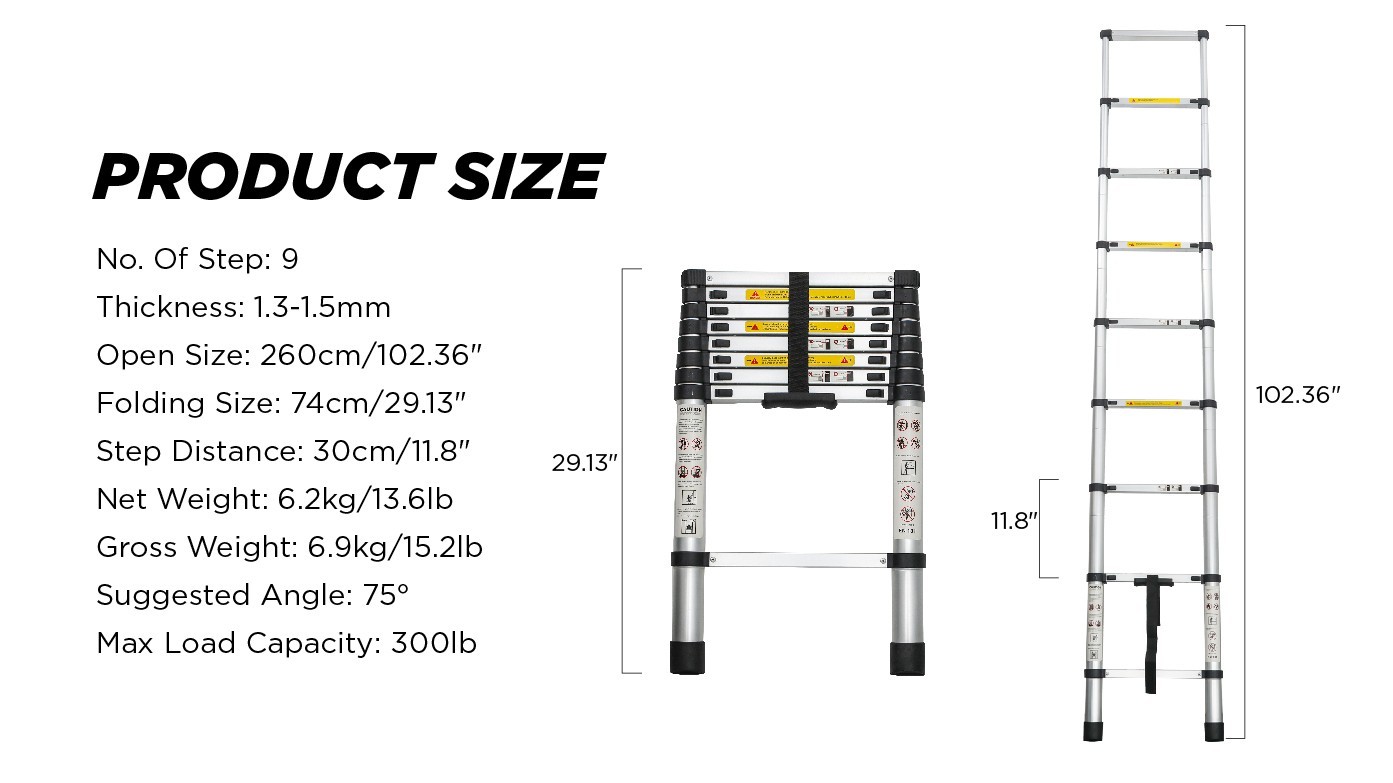 8.5FT-16.5FT Folding Telescopic Aluminum Ladders Lightweight Collapsible Ladder