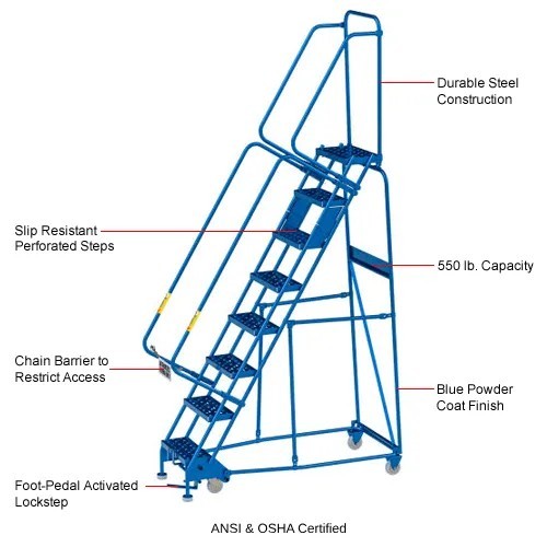 NEW 8 Step Narrow Steel Rolling Ladder, 16″W Perforated Step!!