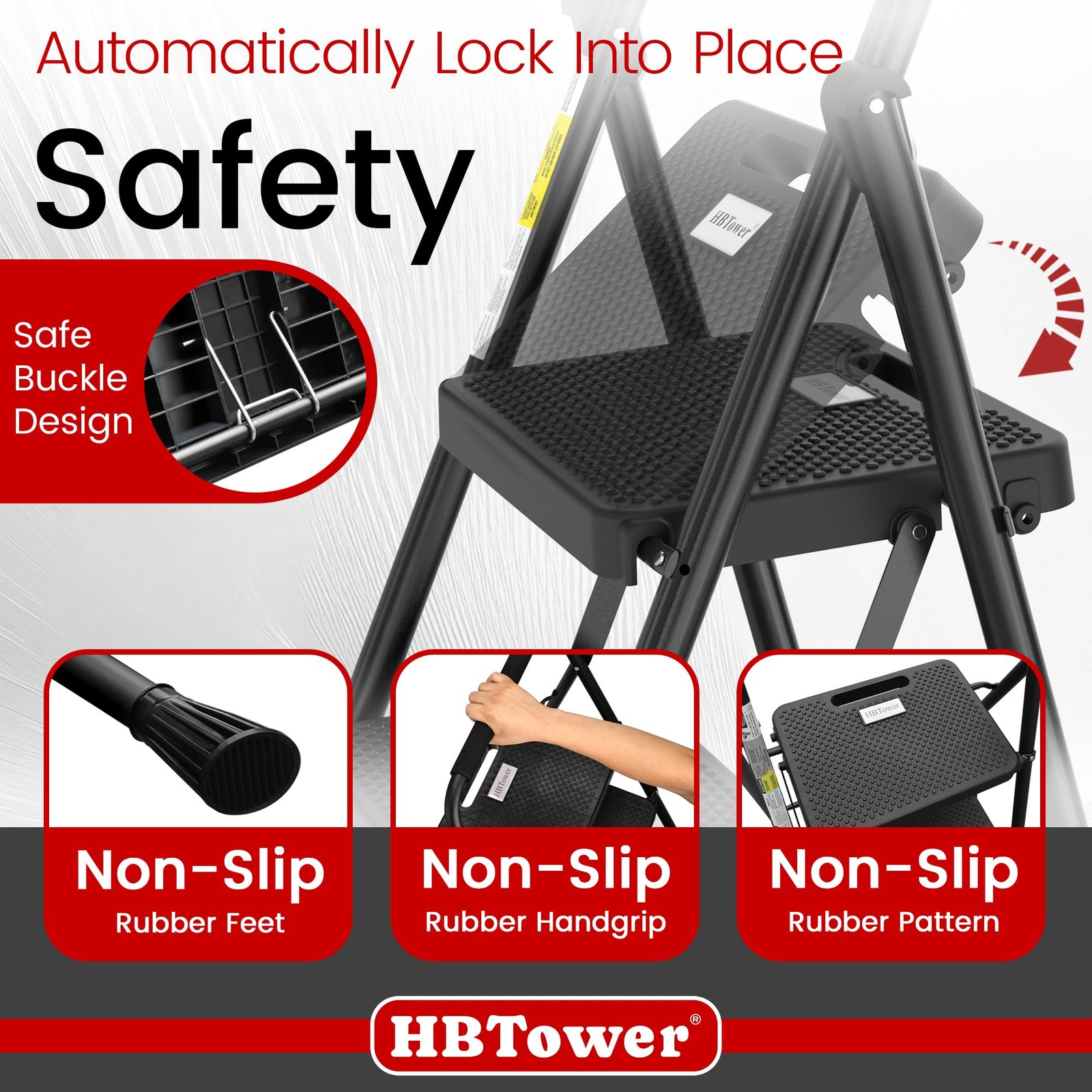 HBTower Step Ladder, Folding Stool with Wide 3 Black