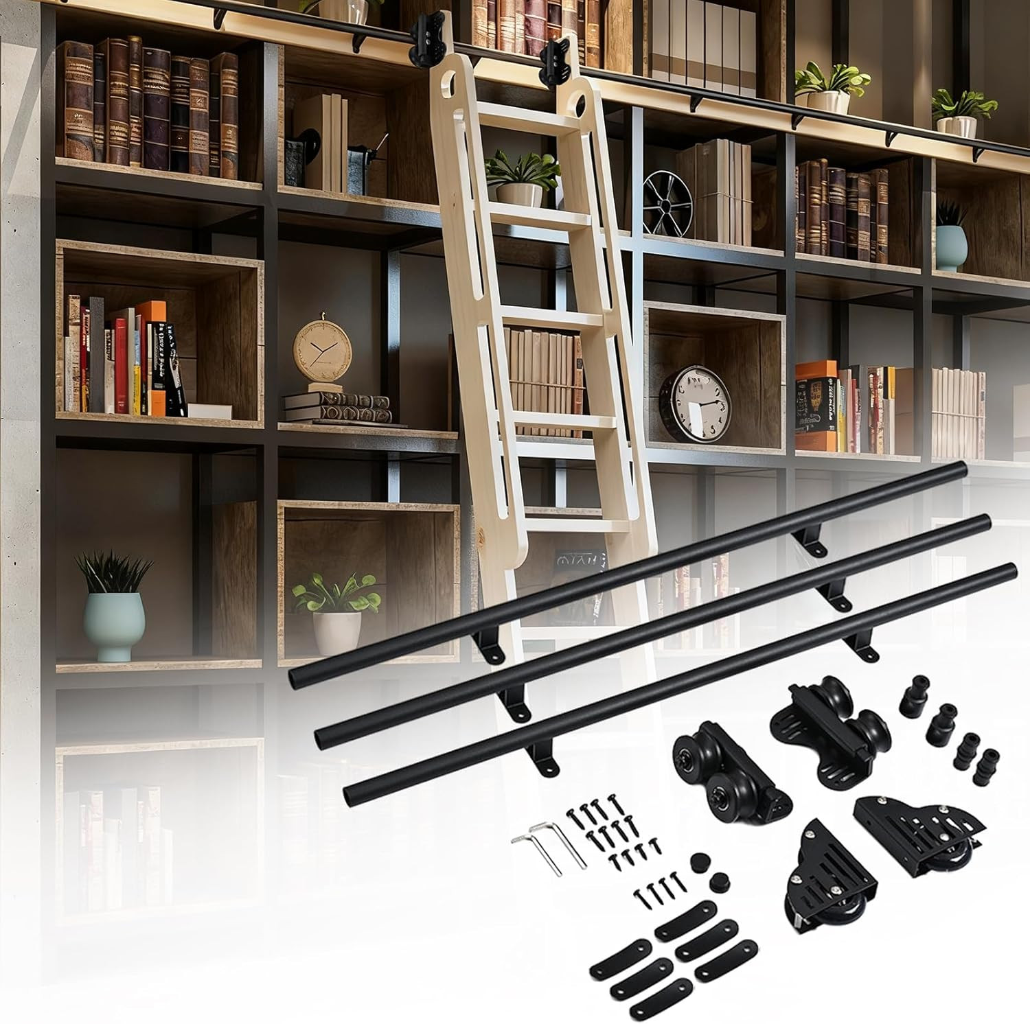 9.9FT Library Ladder Hardware Kit, Retractable Rolling Ladder Kit with Silent Bo