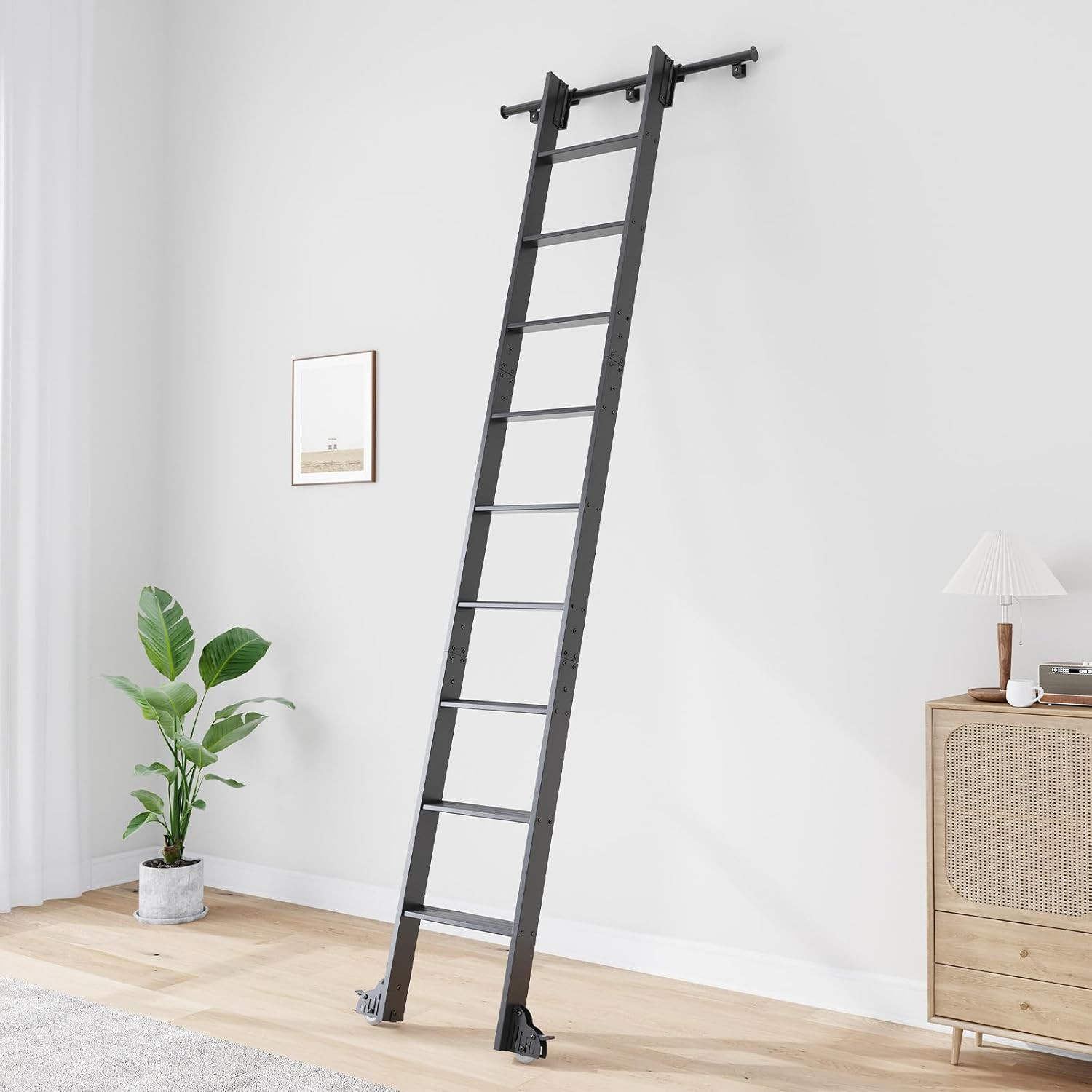 8FT Black Metal Sliding Library Ladder Kit with 120″ Rolling Steps