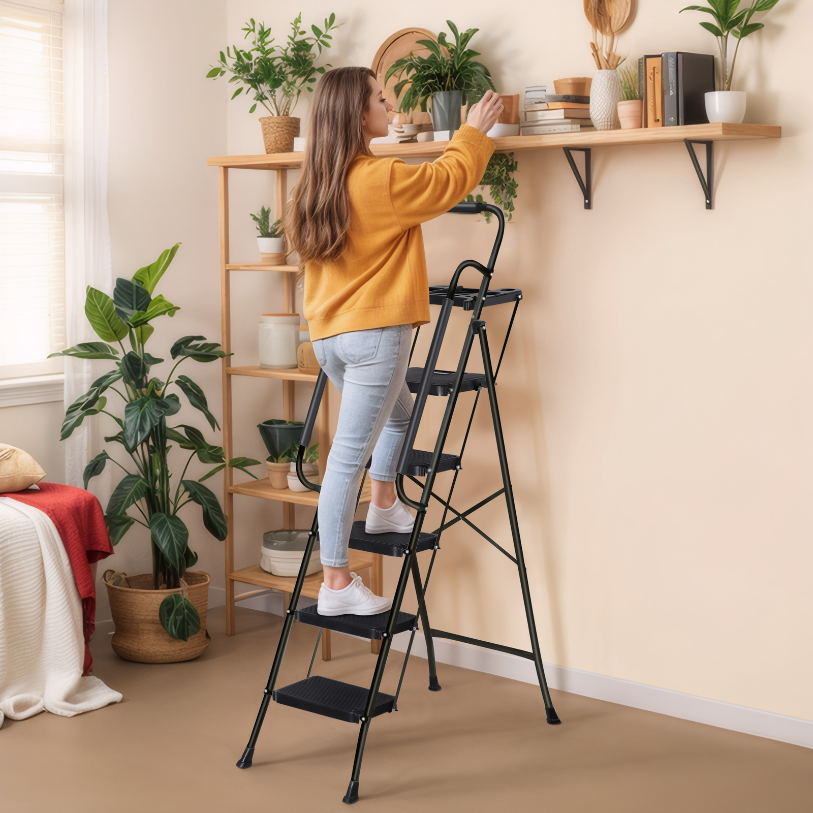 5-Step Ladder Portable Folding Anti-Slip Steel Ladder w/Handrail Tool Tray Black
