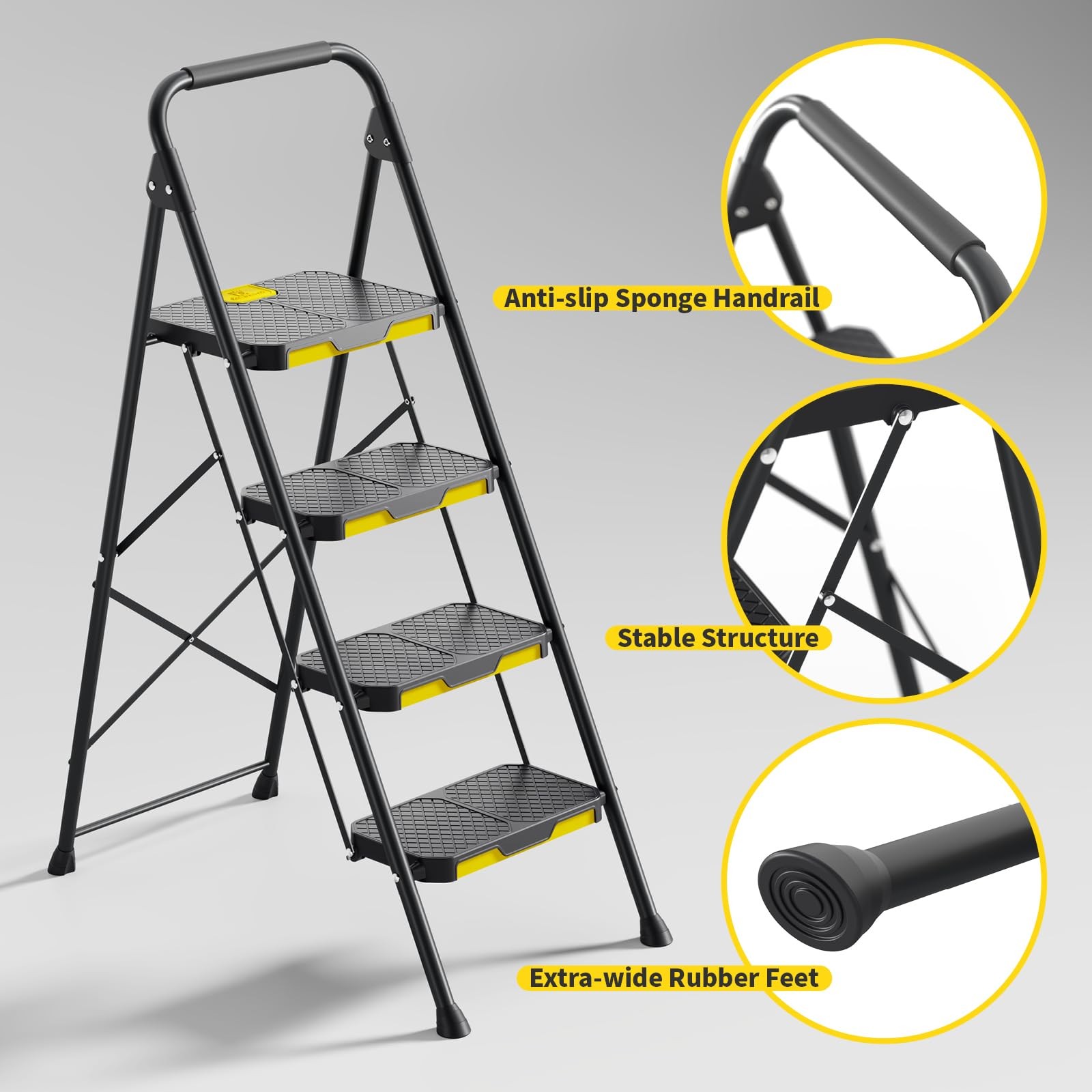 KINGRACK 4 Step Ladder, Sturdy Steel Stool 4 Black&yellow