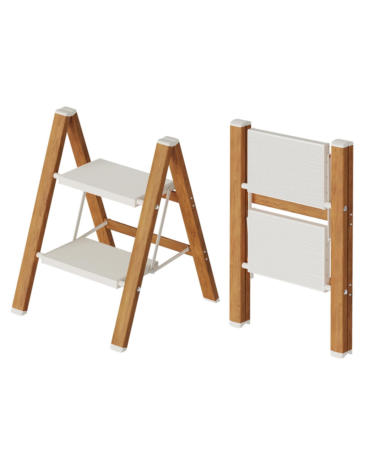 Mayi Plus 2-Step Aluminum Ladder,Lightweight Folding 2 Step, White&woodgrain