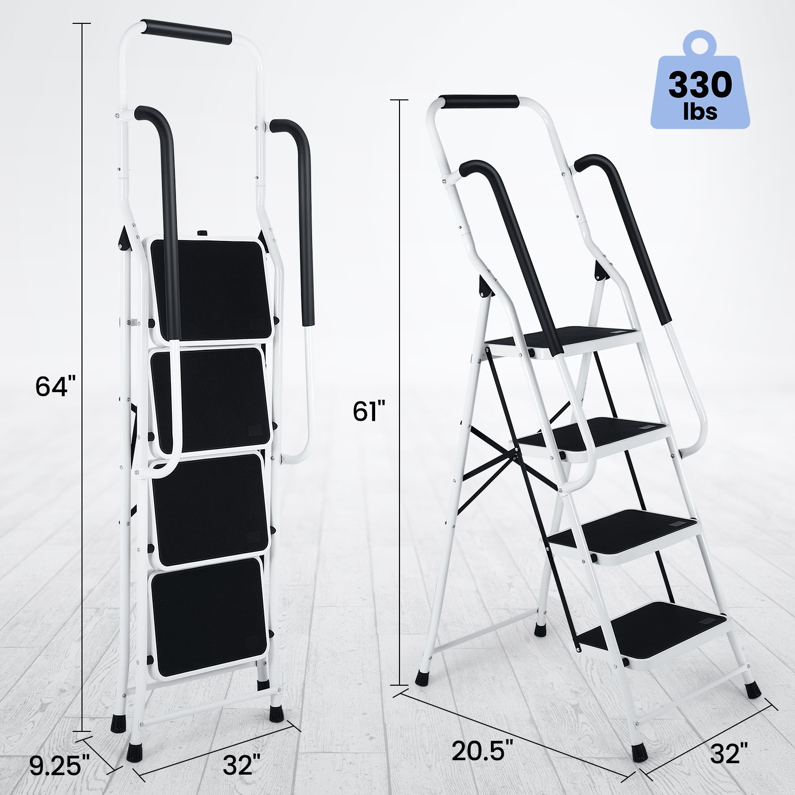 4 Step Ladder with Handrails, Portable Folding Step Stool with Safety Lock