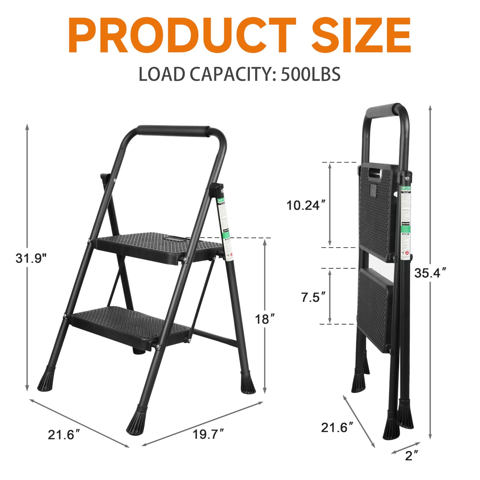 Arbusb Step Ladder, Folding Stool with Wide Anti-Slip 2-step, Black