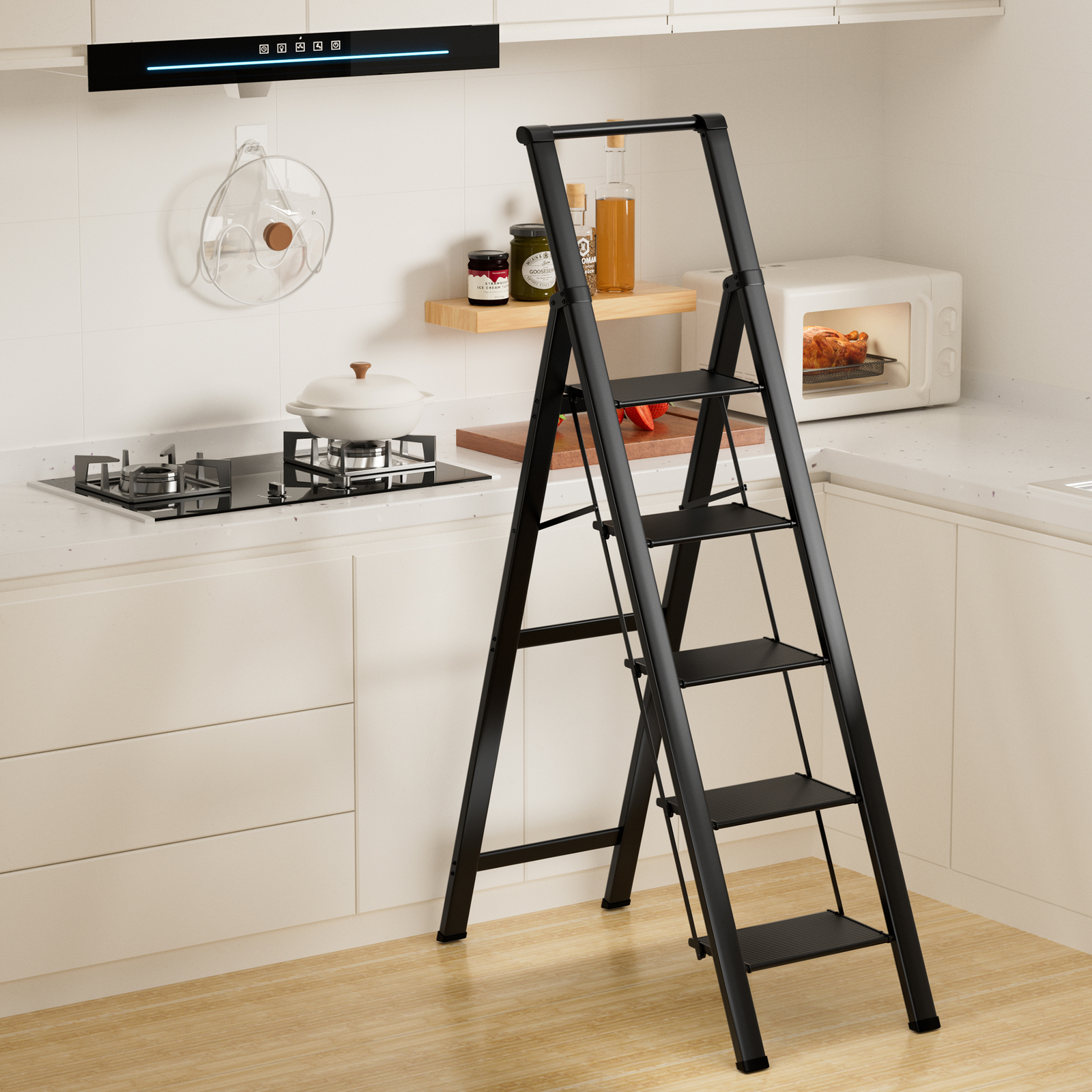5 Step Ladder, Foldable Step Stool, Aluminum Step Ladder with Anti-Slip Pedal E4