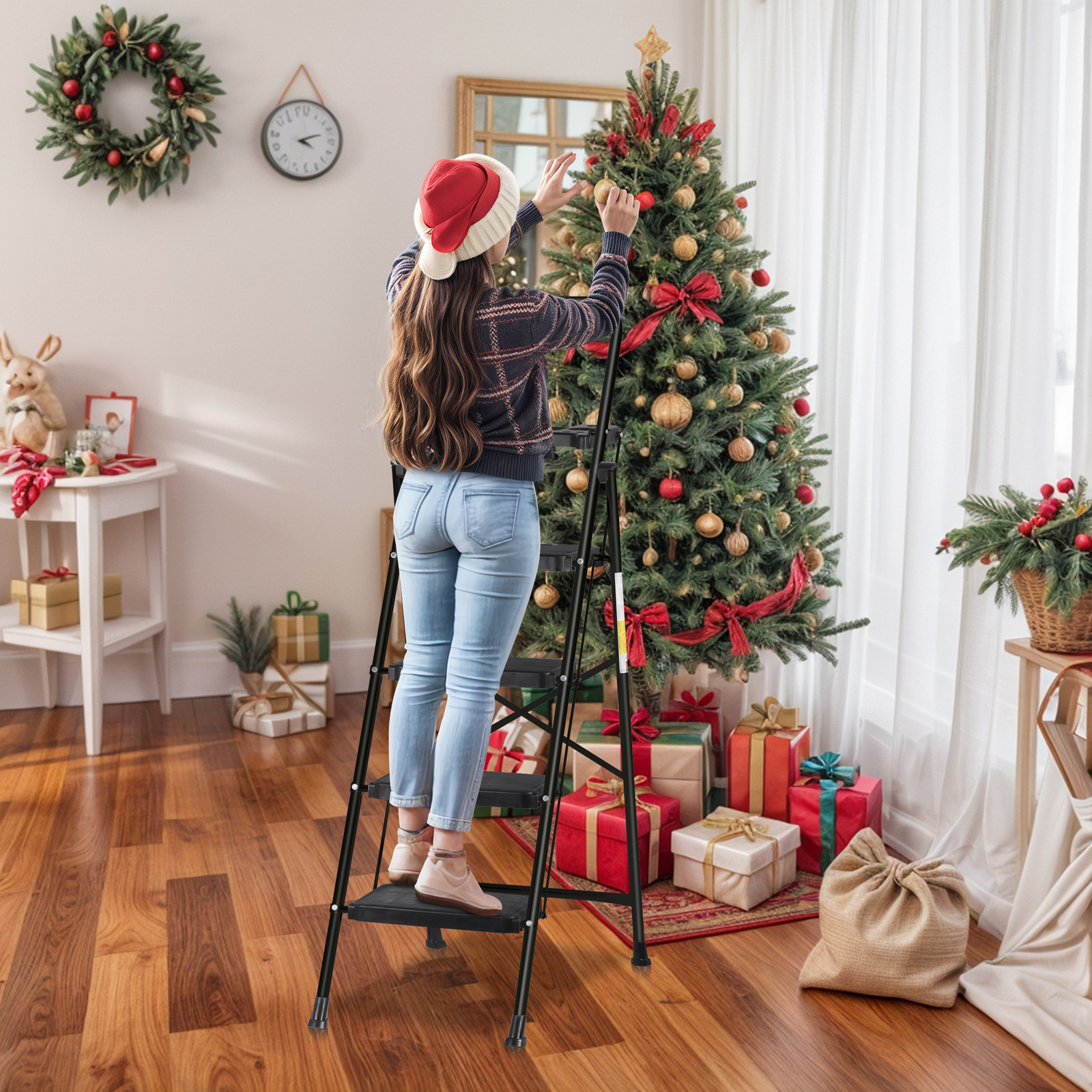 Folding Step Ladders for Kitchen/Closet Ladder 4 Step for Adults Non-Slip Black