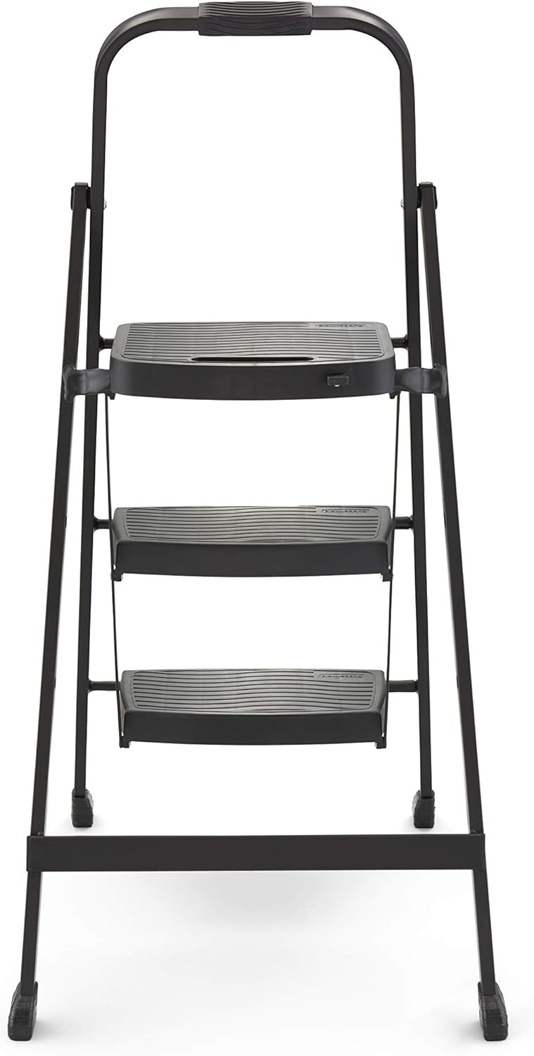 Rubbermaid 3-Step Steel Ladder, Folding Step Stool with Hand Black Finish