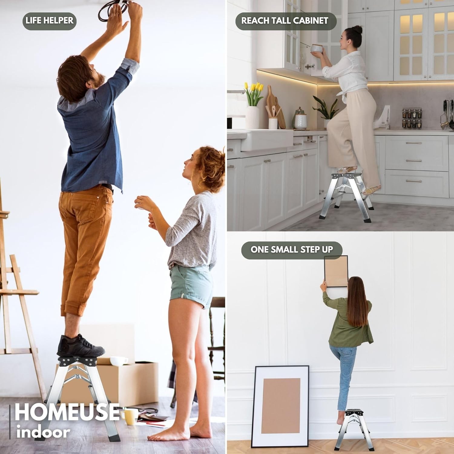 2 Step Ladder, Aluminum Folding Portable Small Kitchen Silver