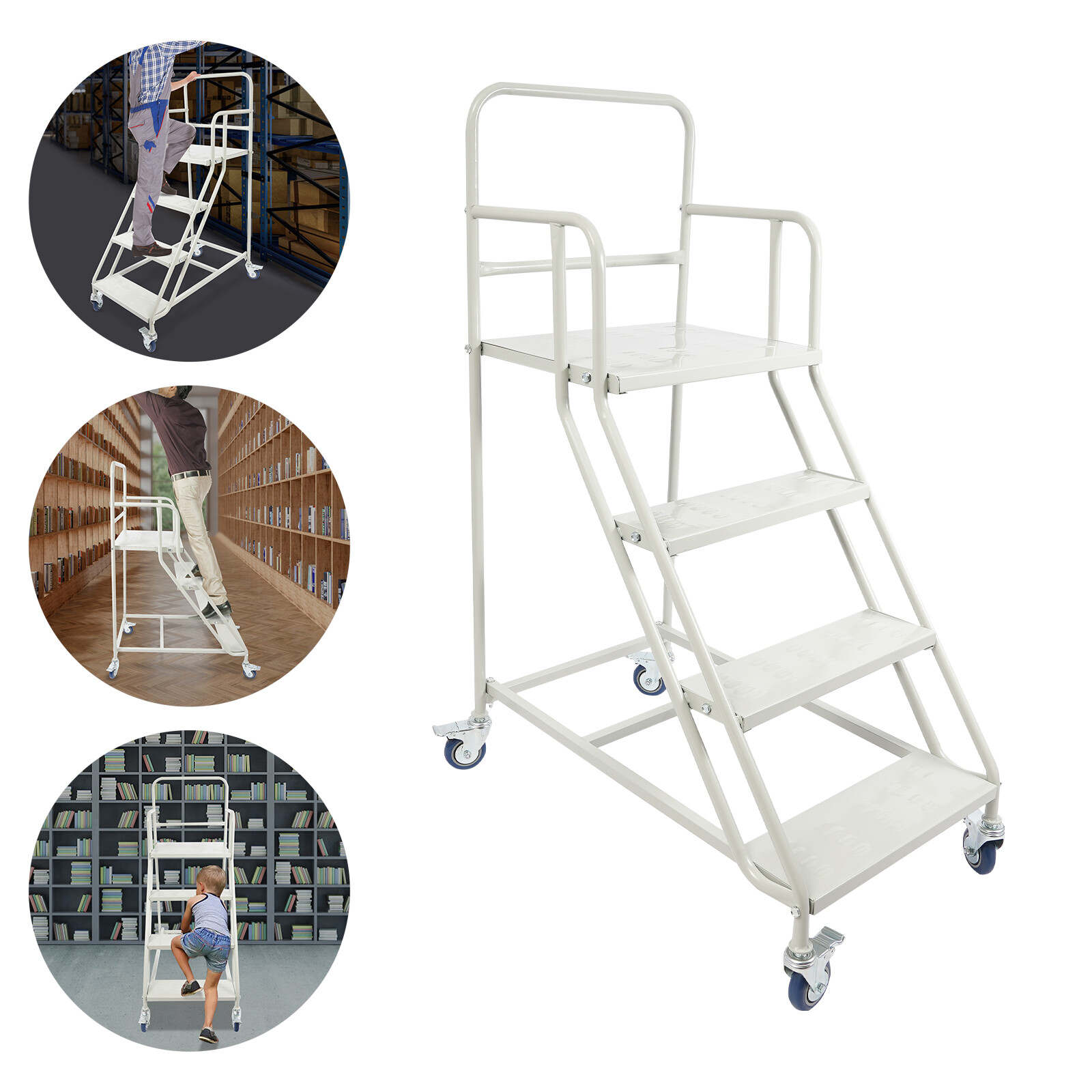 4 Steps Rolling Stair 40″ Industrial Warehouse Ladder Floor Standing Stair 400kg