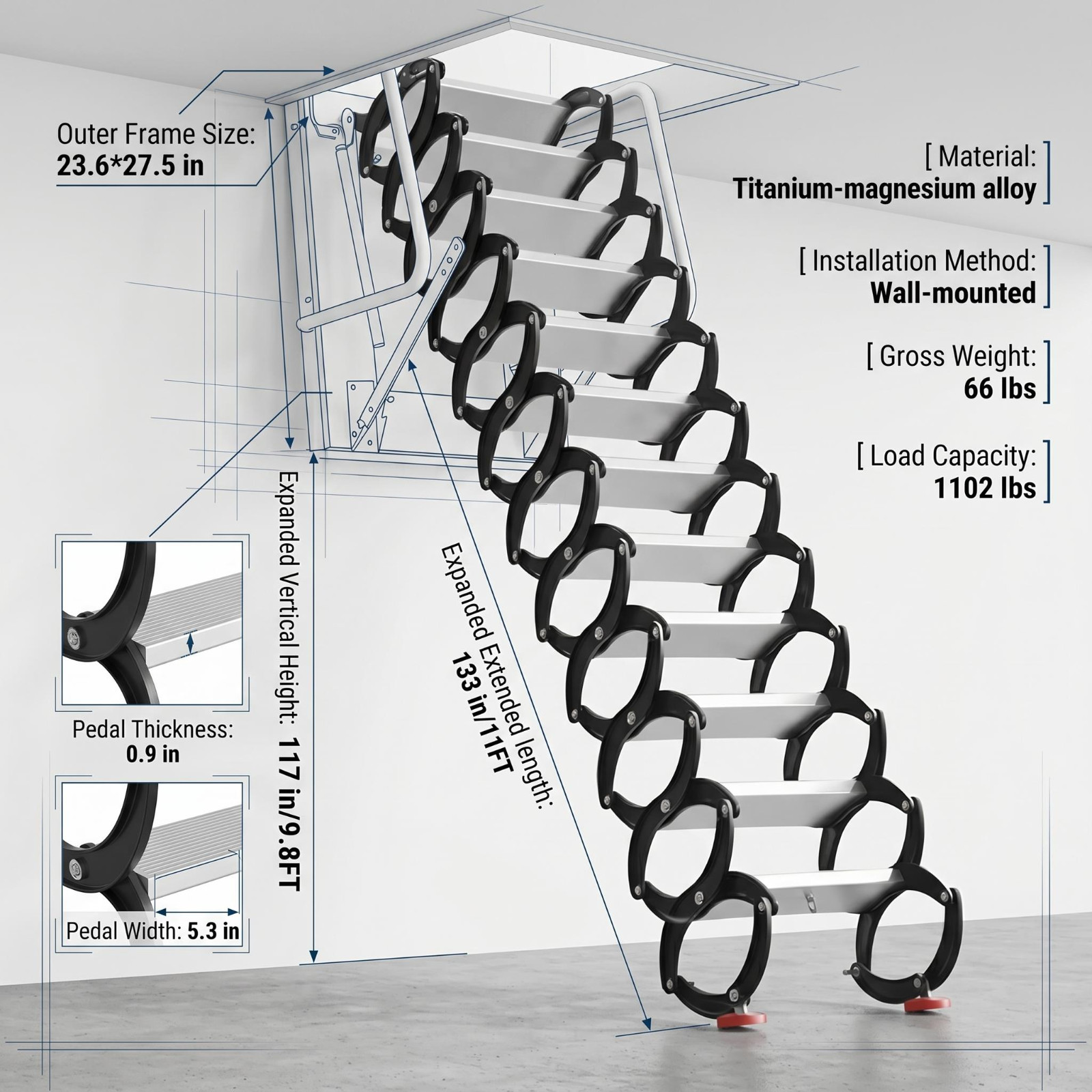 1102LBS Wall Mounted Attic Ladder Wall Mounted Expansion Folding 3M Practical