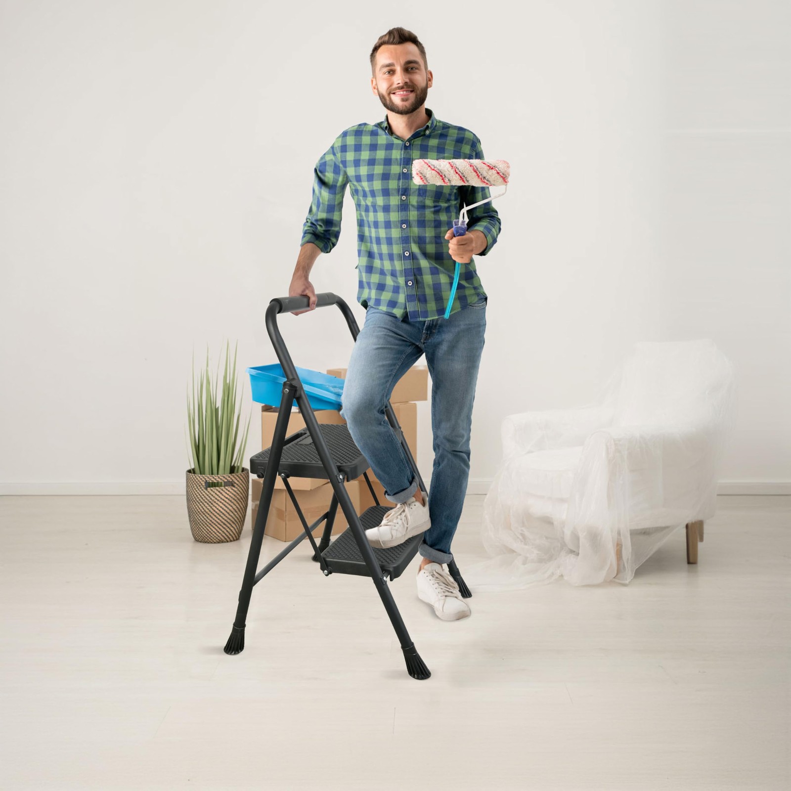 Arbusb Step Ladder, Folding Stool with Wide Anti-Slip 2-step, Black