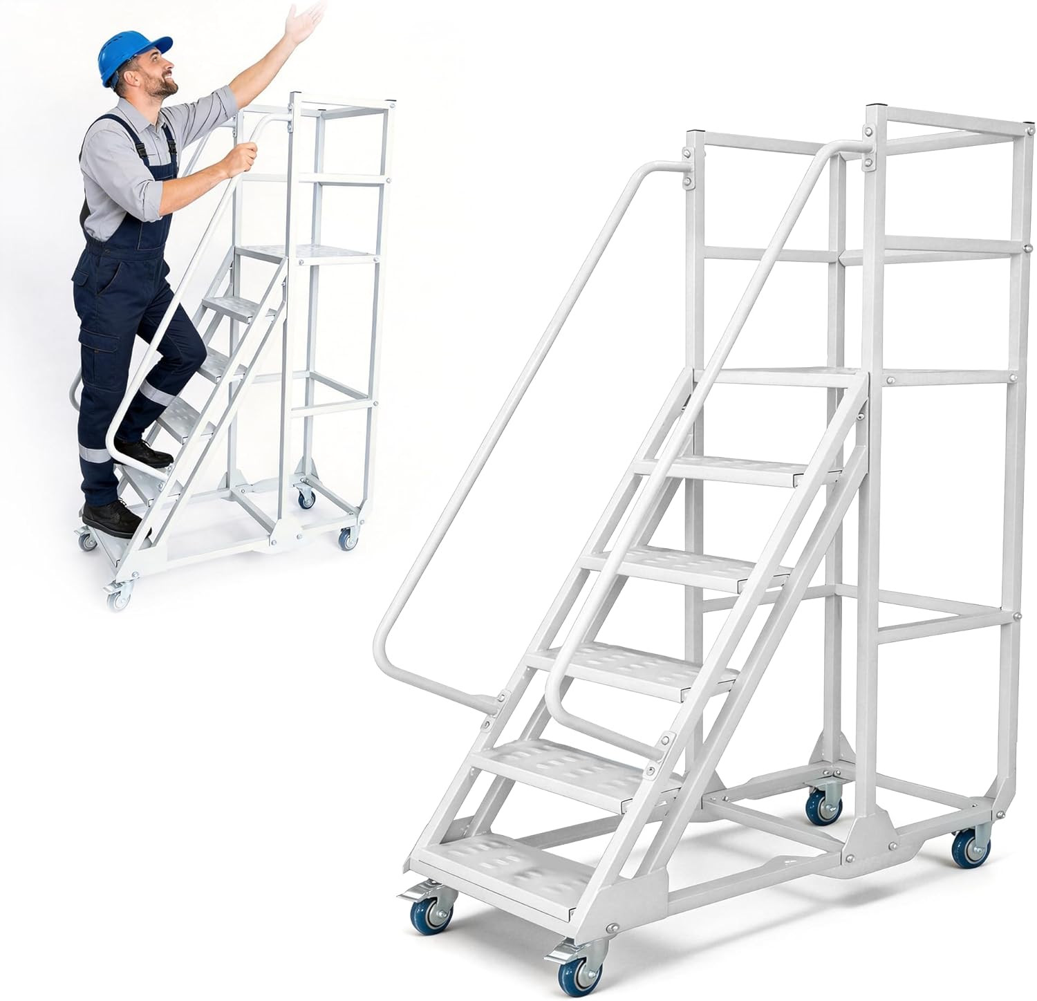 6-Step Rolling Ladder with Handrails & Lockable Wheels, 51″ Anti-Slip Platform