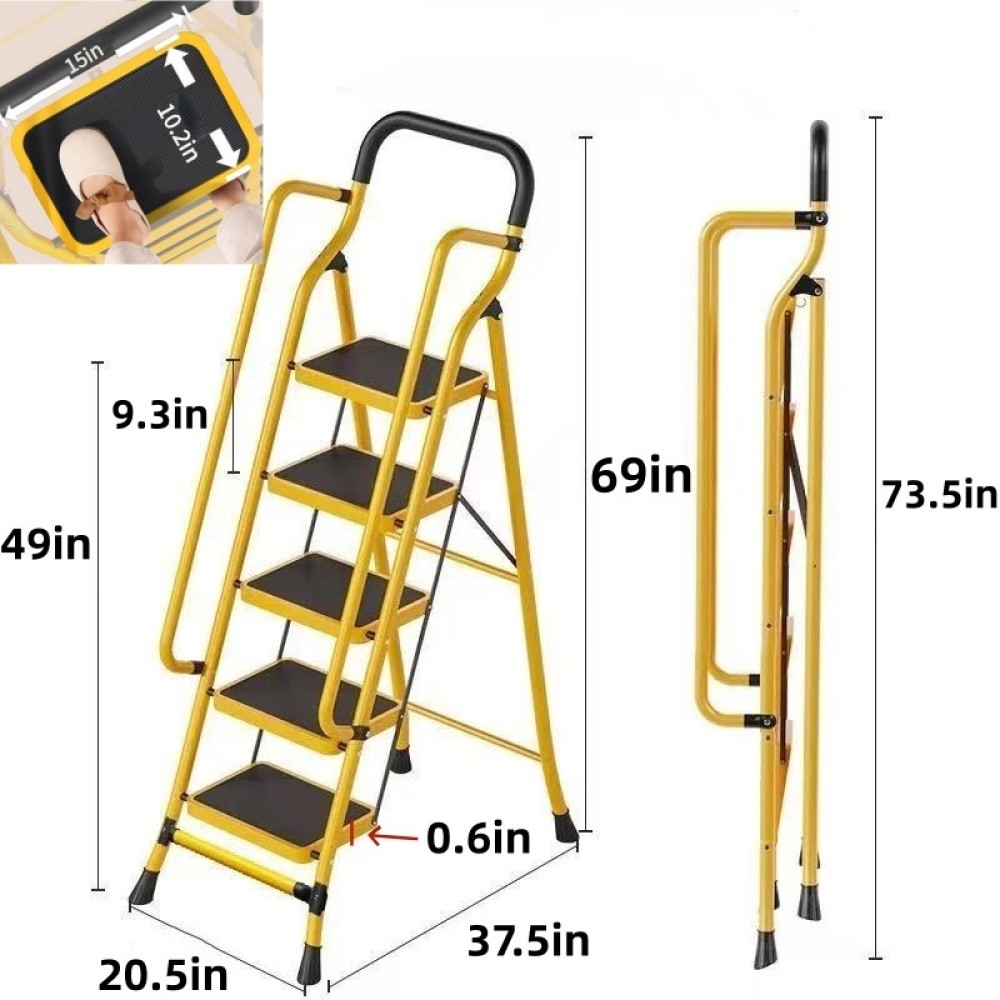 4Step Ladder with Handrails Folding Step Stool with Anti-Slip Wide Pedals Yellow