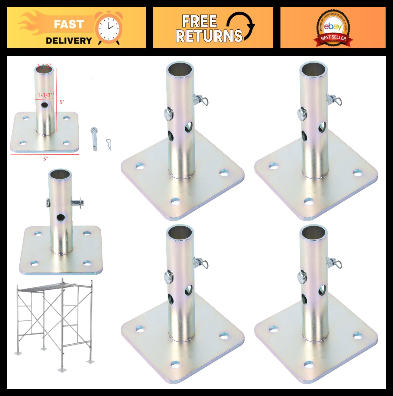 Galvanized Scaffold Base Plates 5″x5″ Heavy Duty, 1-3/8″ OD, 4 Pack for Stabilit