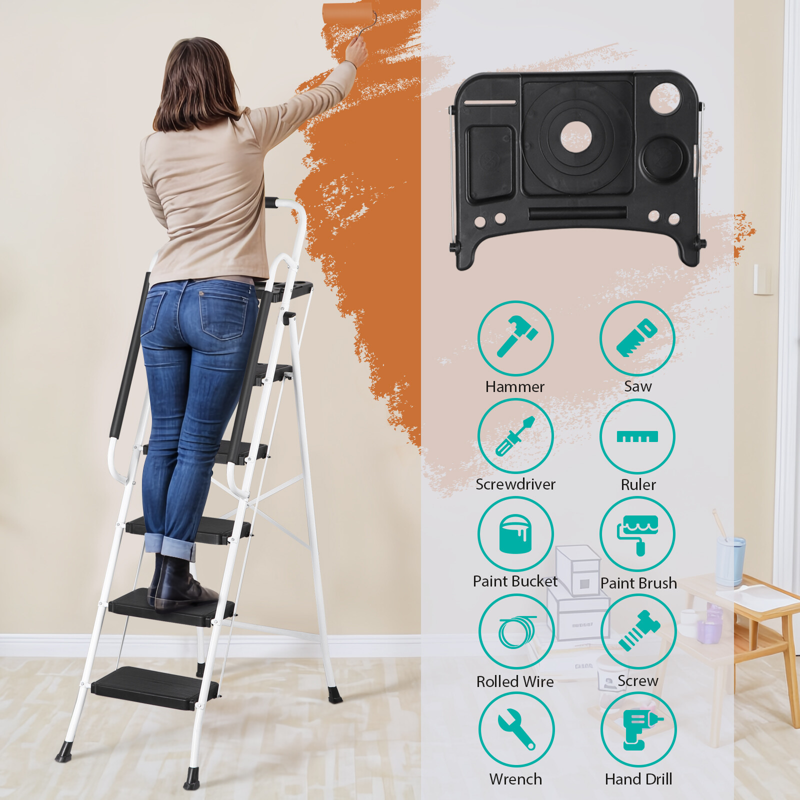 5 Step Ladder Steel Folding Step Stool w/Tool Tray & Handrails White Step Ladder