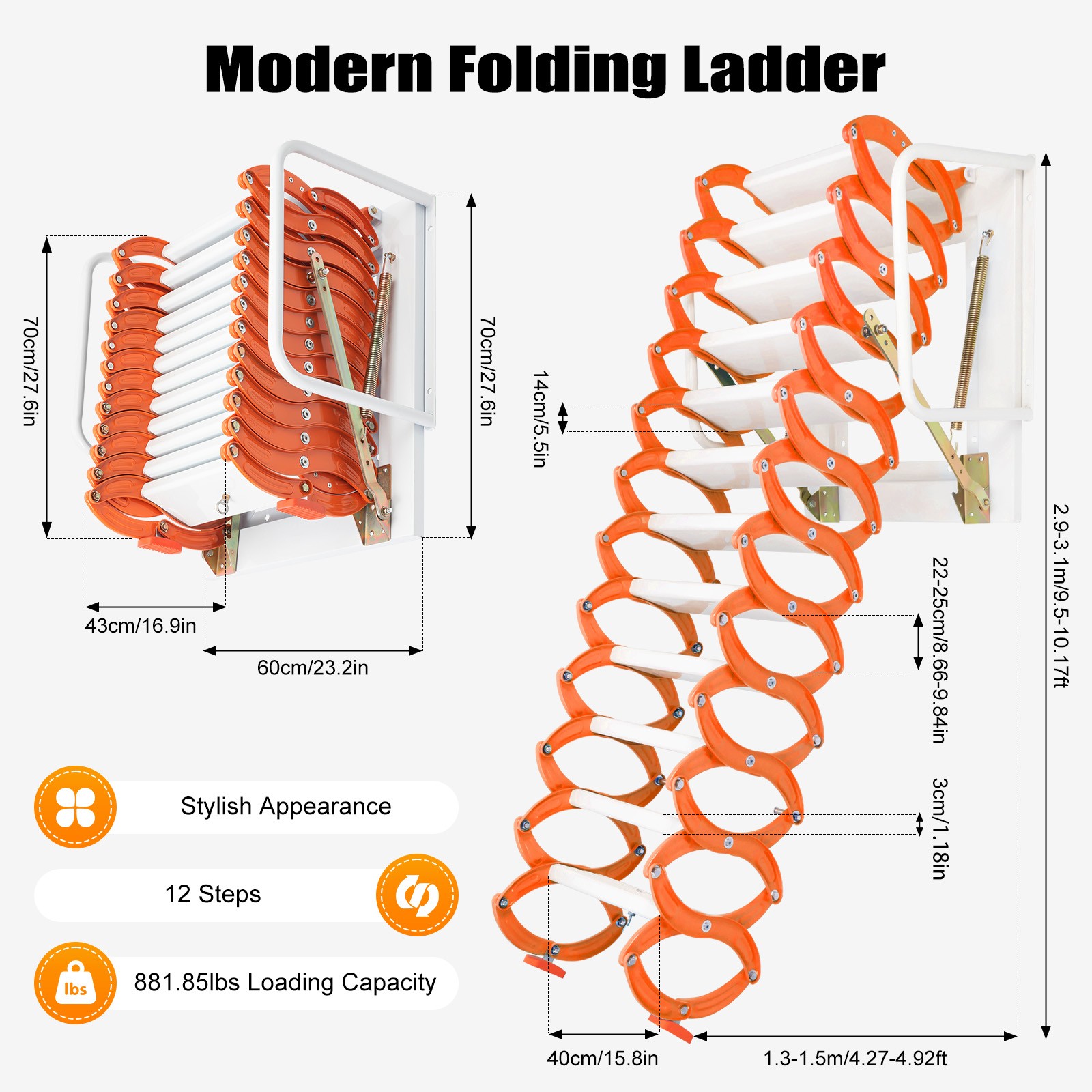 12 Steps Attic Ladder Folding Loft Ladder Wall Mounted Pull Down Attic Stairs