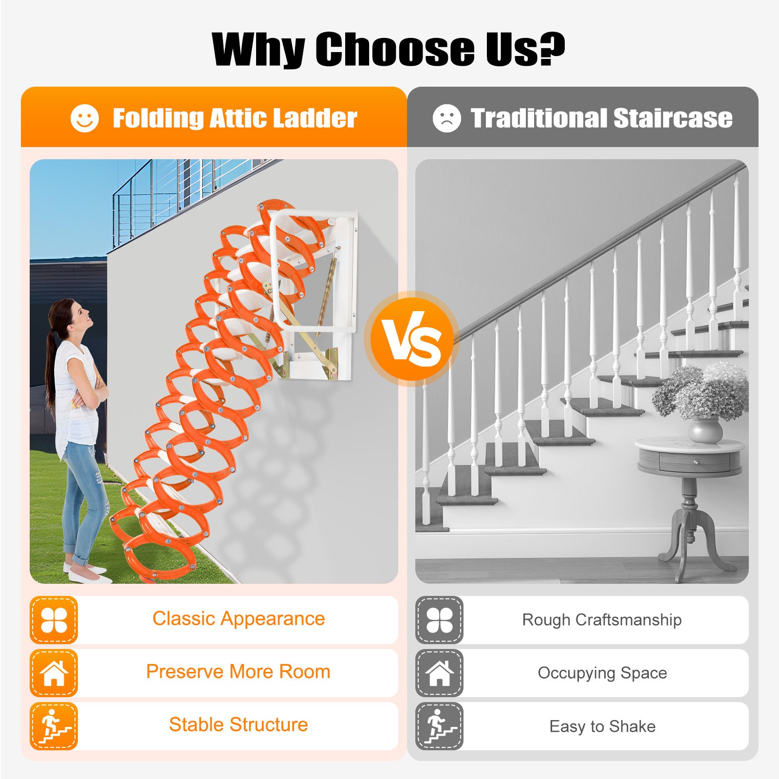 12 Steps Attic Ladder Folding Loft Ladder Wall Mounted Pull Down Attic Stairs