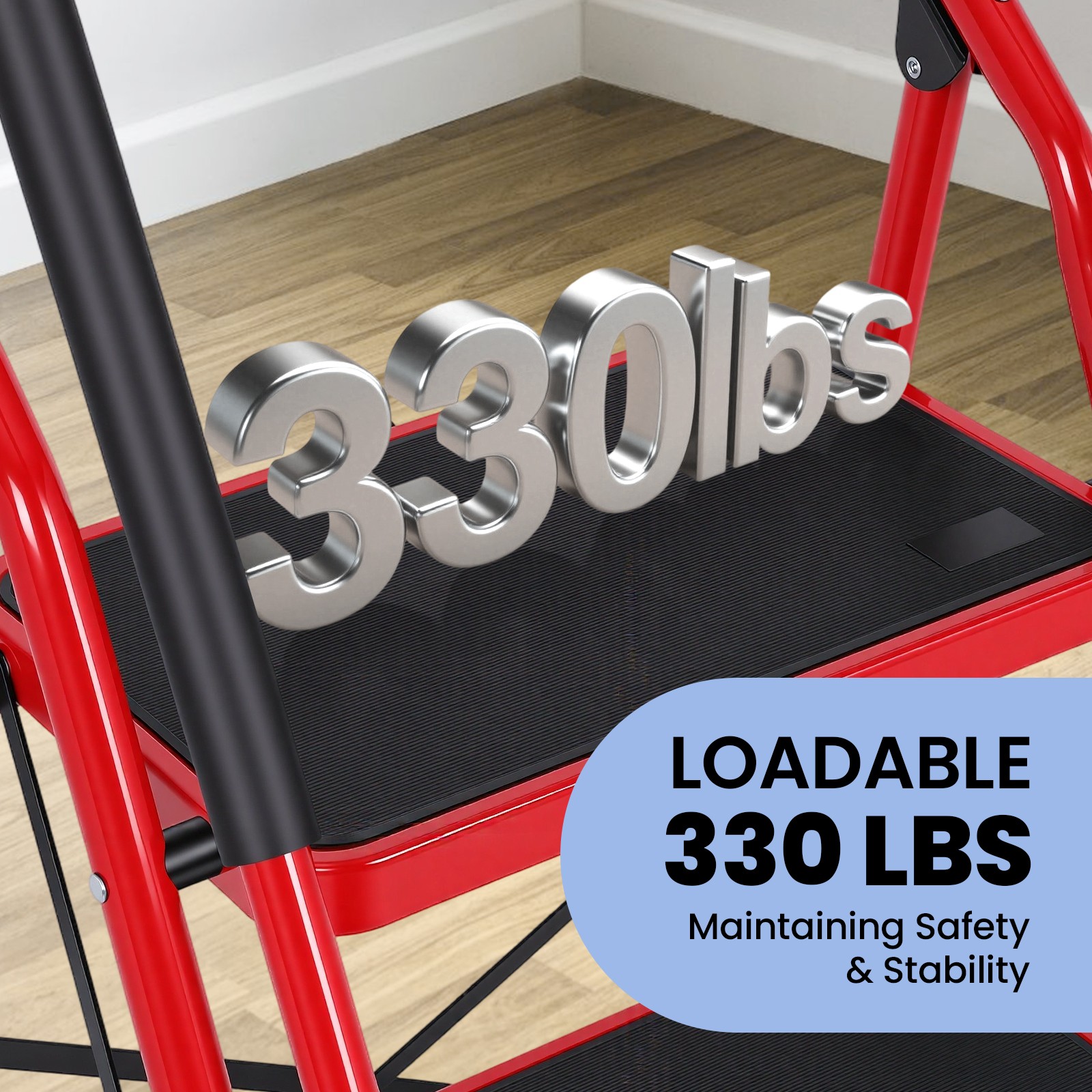 3 Step Ladder with Handrails, Portable Folding Step Stool with Safety Lock，Red