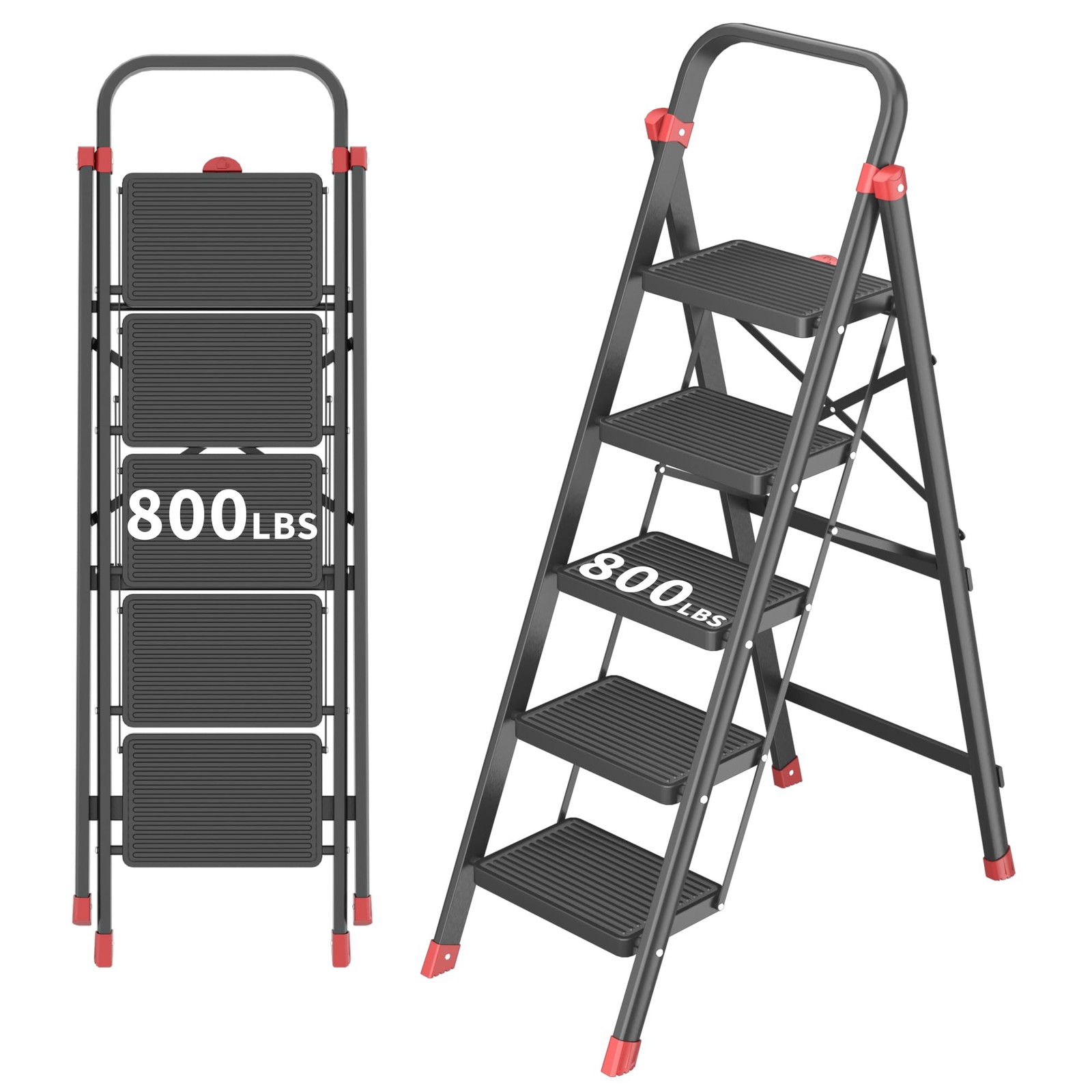 DIAMONDFORGE 5-Step Folding Step Stool Ladder, Heavy 5 Step, Black and Red