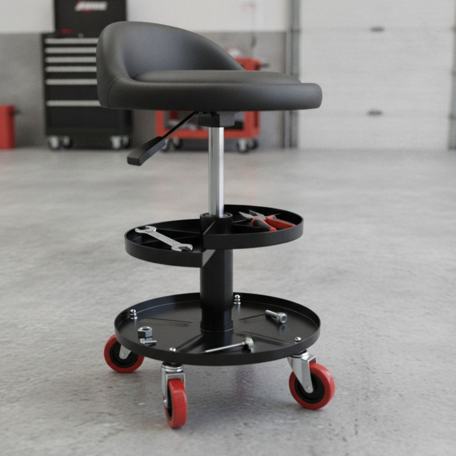 Garage Stool with Backrest Padded Rolling Shop Stool with Tool Tray Heavy-Duty